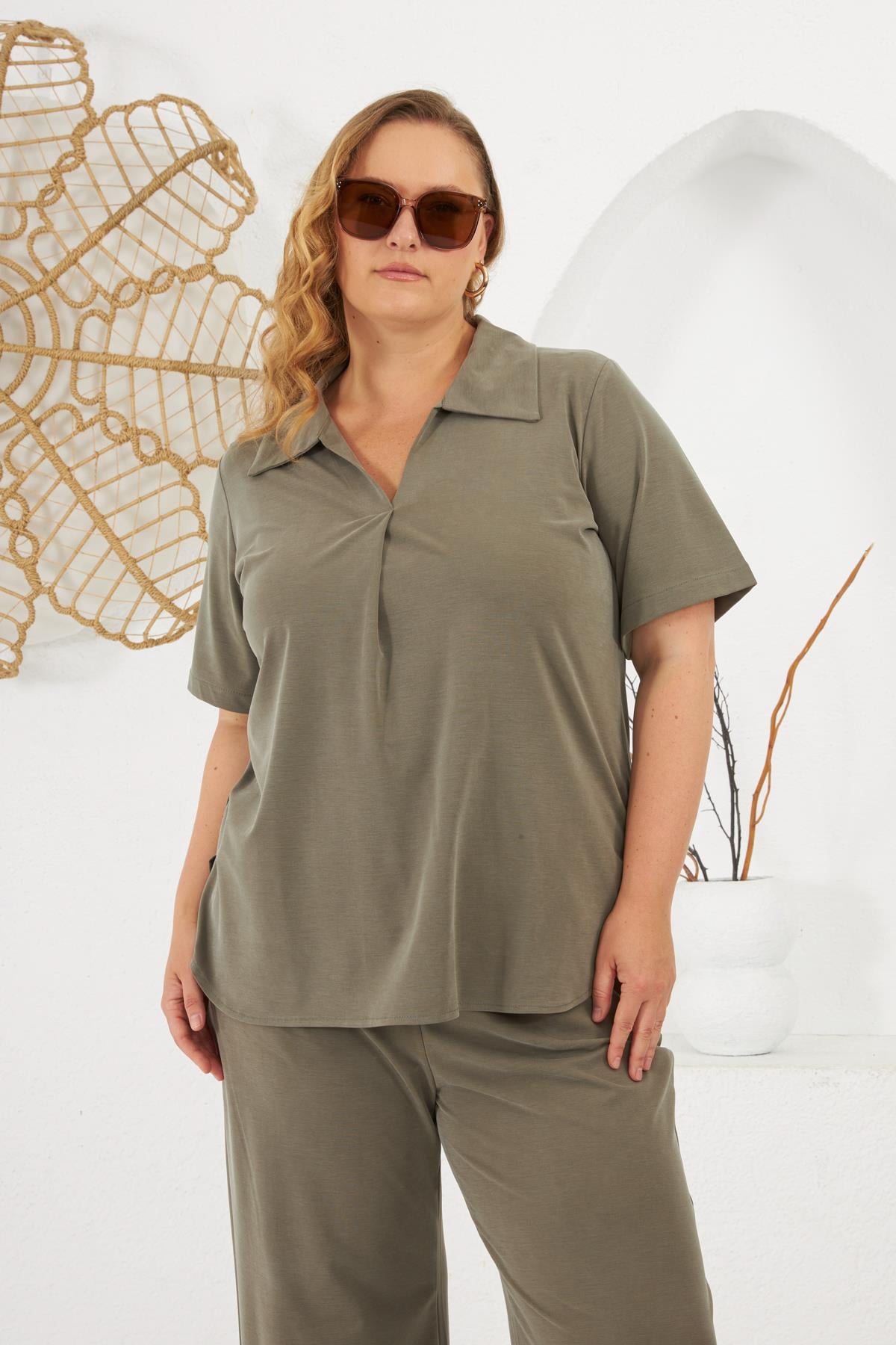 Plus Size Collared Short Sleeve Top and Bottom Set Khaki