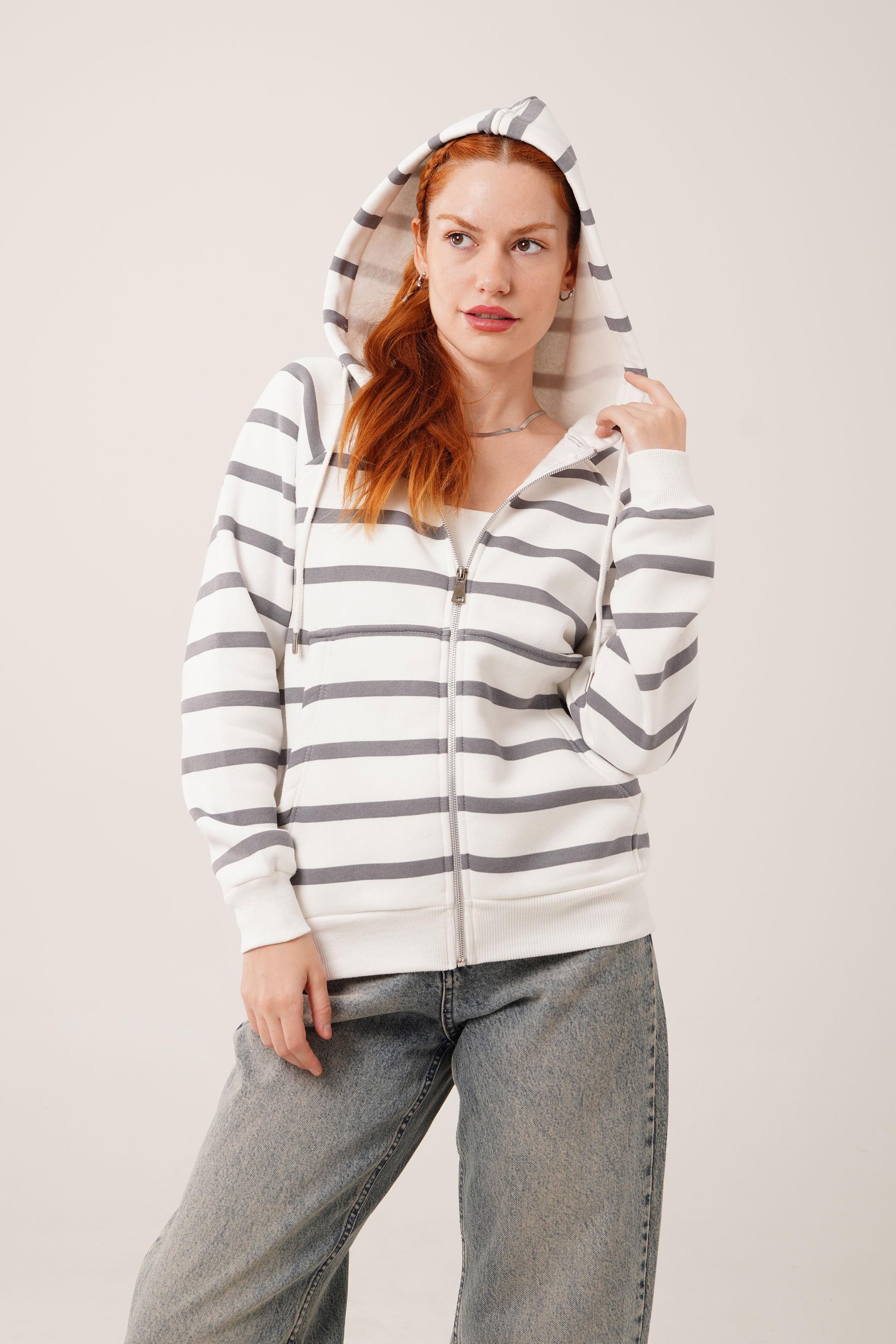 Gri Çizgili İki İplik Kapüşonlu Toptan Sweatshirt