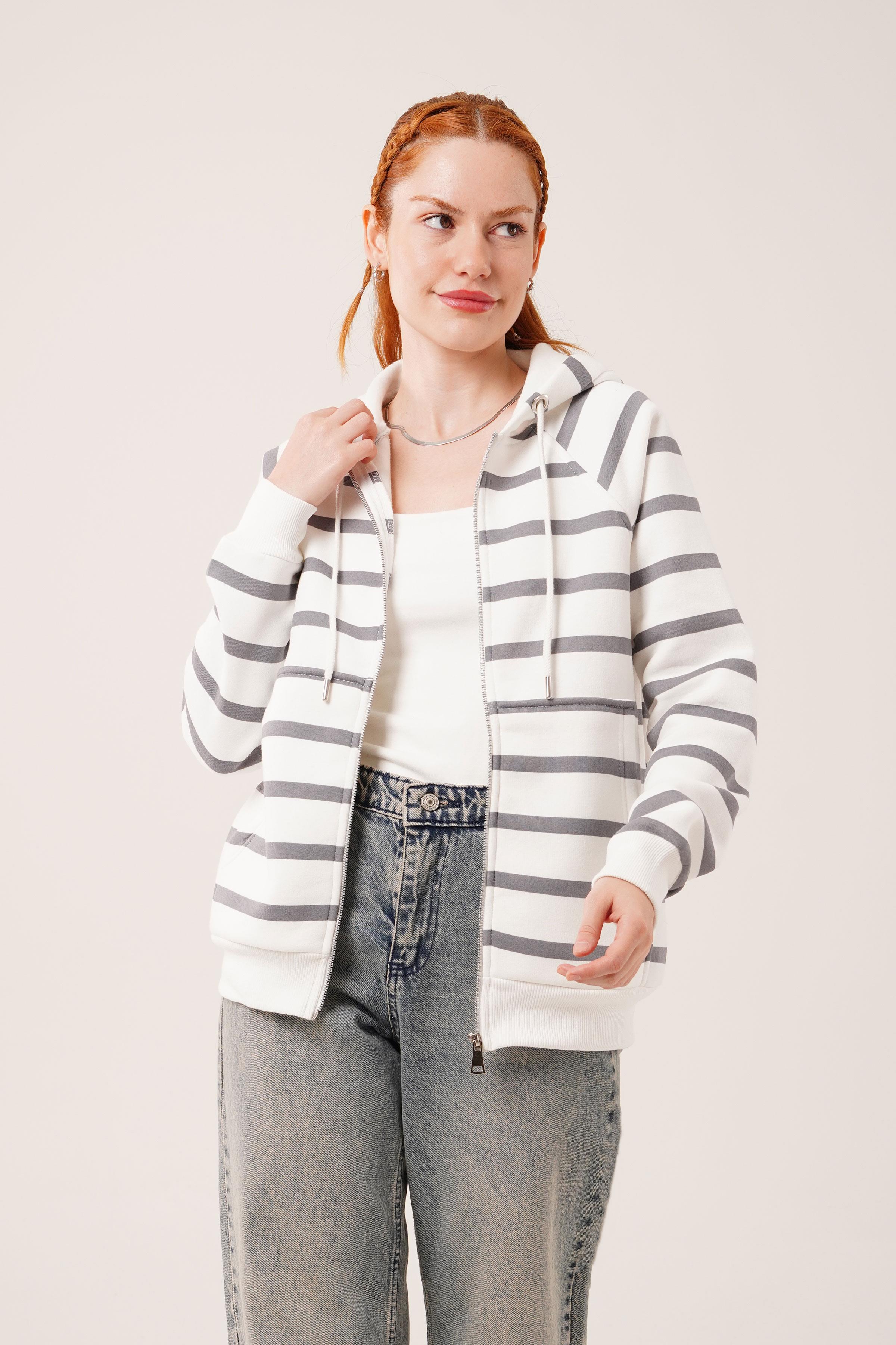 Gri Çizgili İki İplik Kapüşonlu Toptan Sweatshirt
