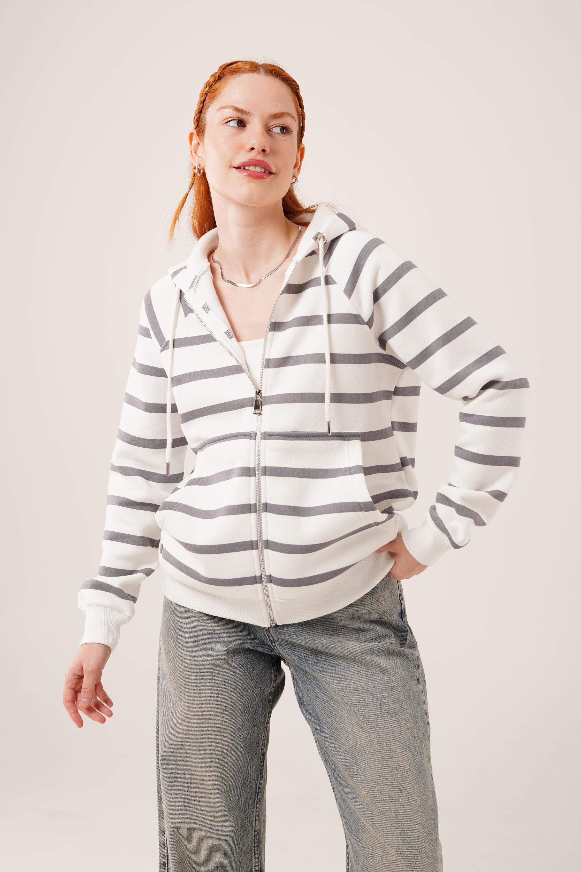 Gri Çizgili İki İplik Kapüşonlu Toptan Sweatshirt