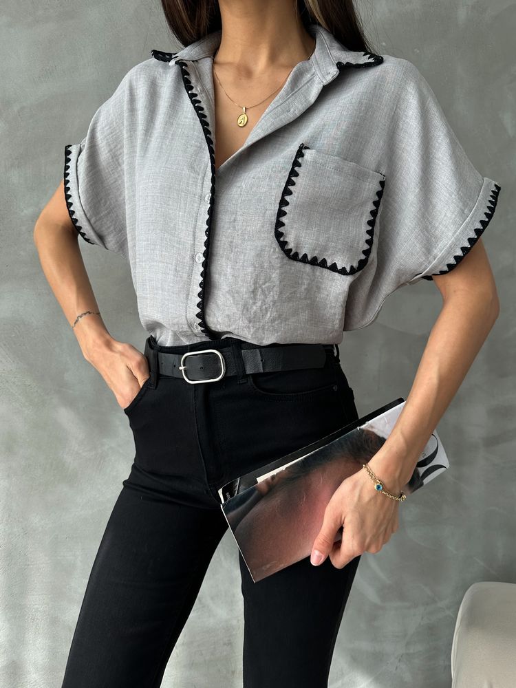 Topshow Gri Çoban Dikişli Keten Toptan Gömlek