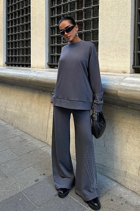 Gümüş Taşlı Dokuma Oversize Takım 9986