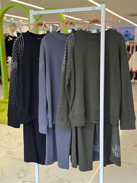 Gümüş Taşlı Dokuma Oversize Takım 9986