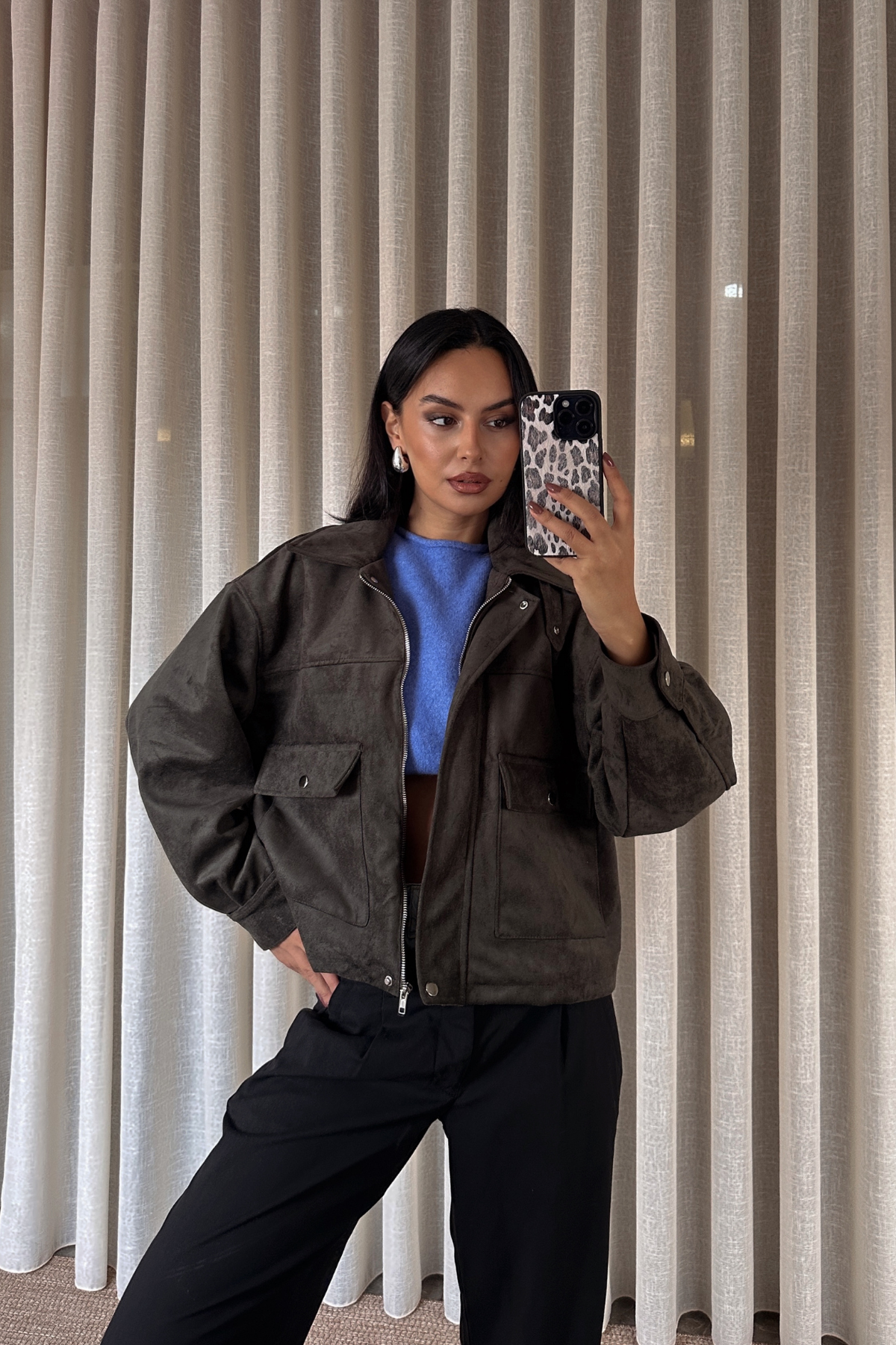 Haki Süet Büyük Cepli Ceket