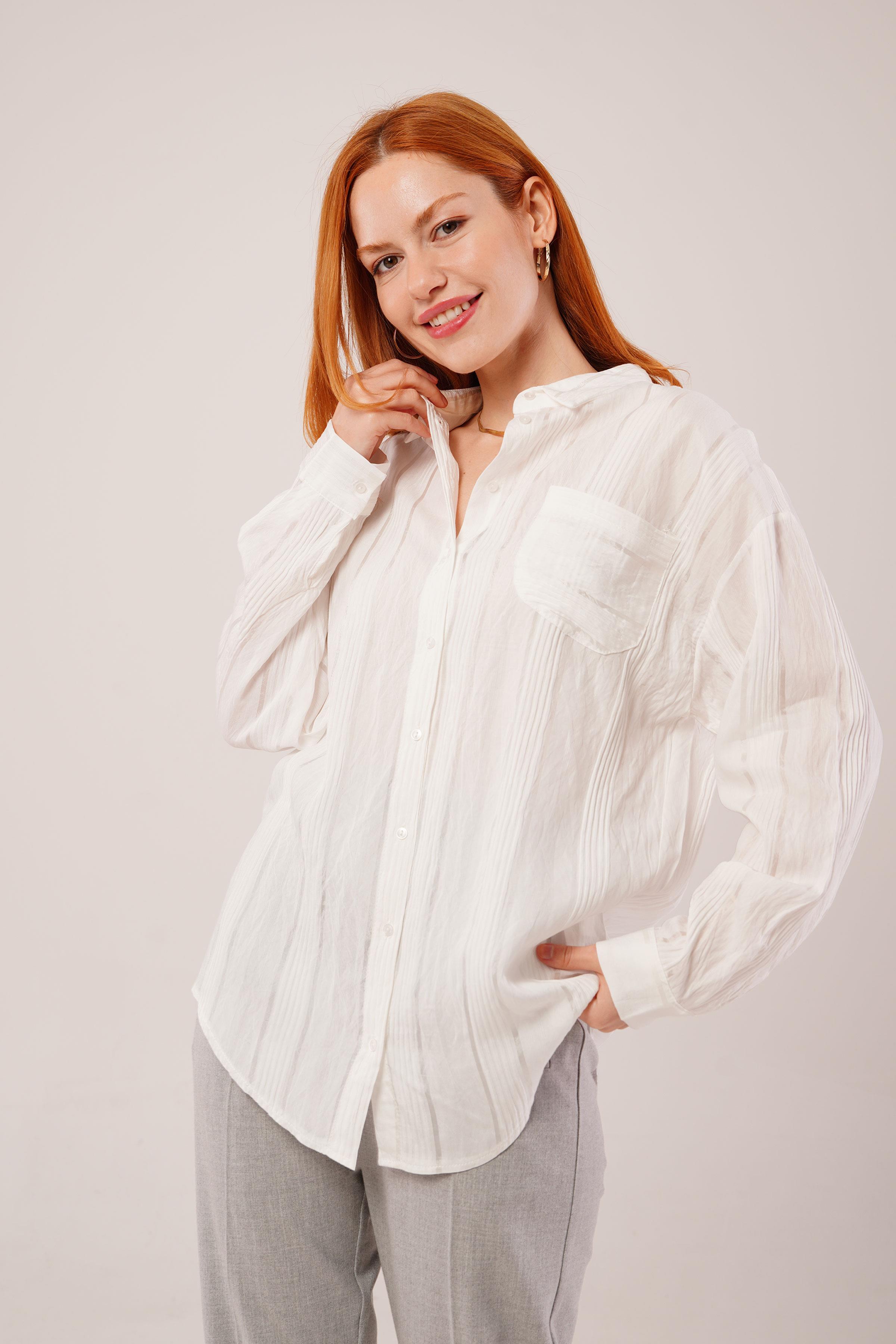 Hakim Yaka Çizgili Cep Detaylı Toptan Beyaz Gömlek Beyaz S