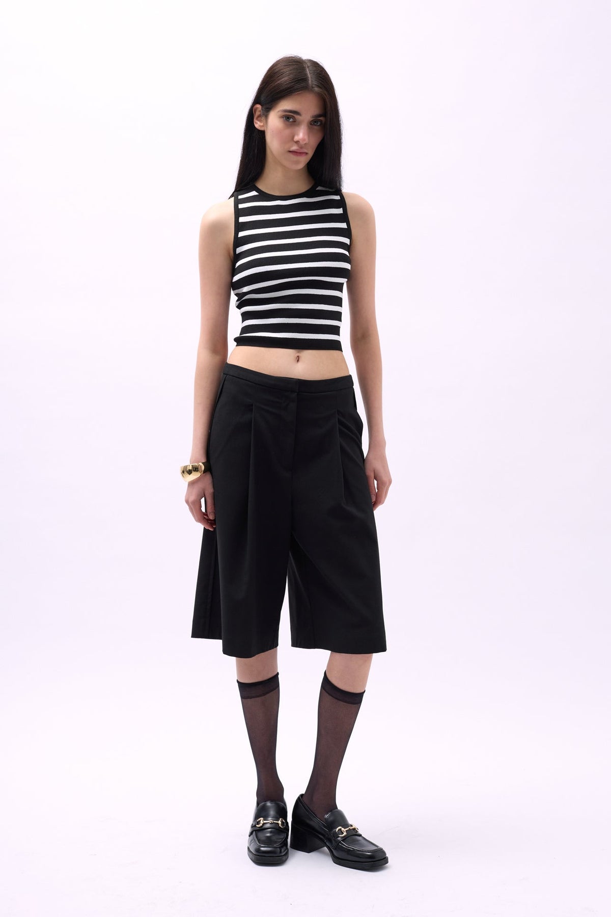 Halter Yaka Çizgili Crop - Siyah - Beyaz