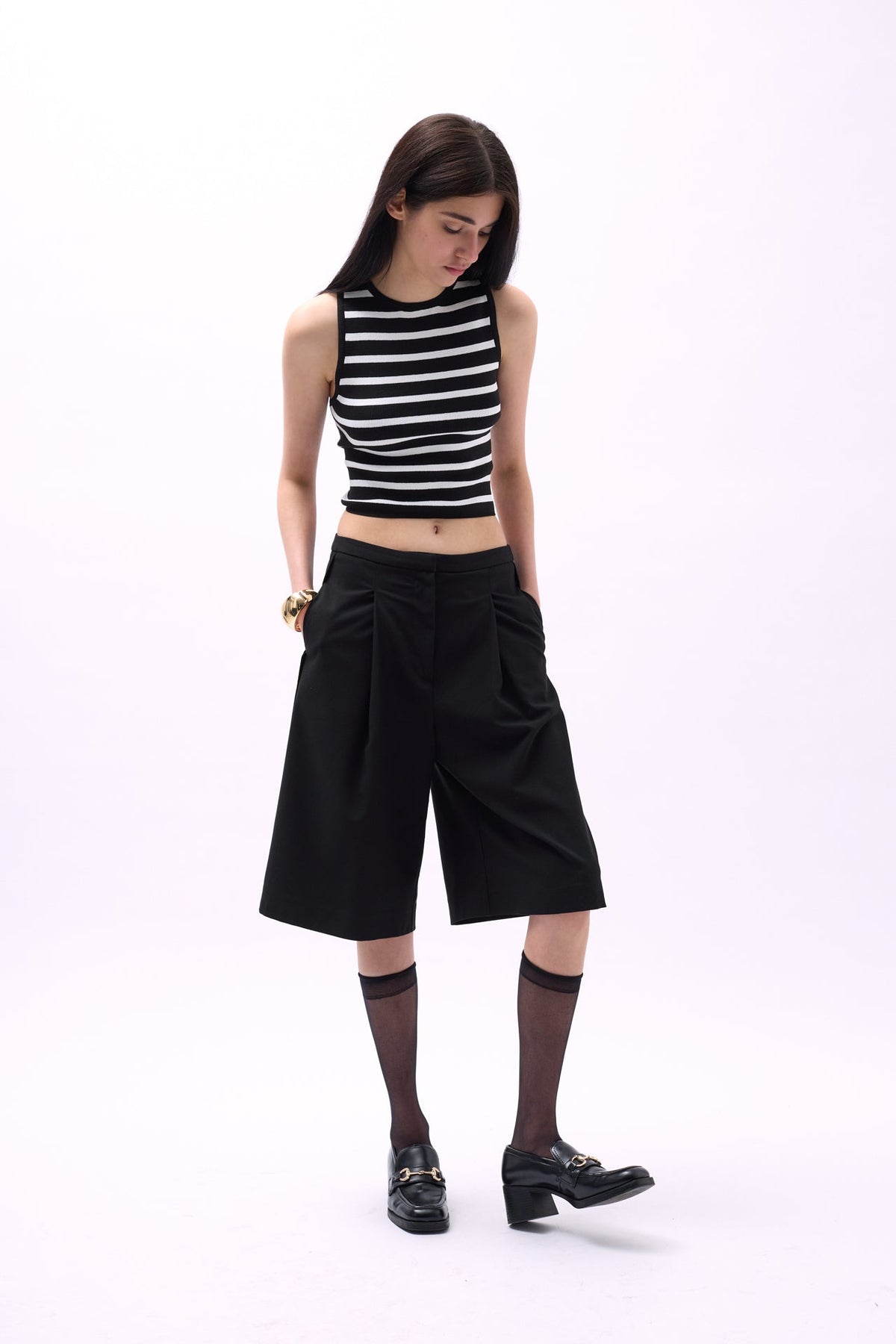 Halter Yaka Çizgili Crop - Siyah - Beyaz