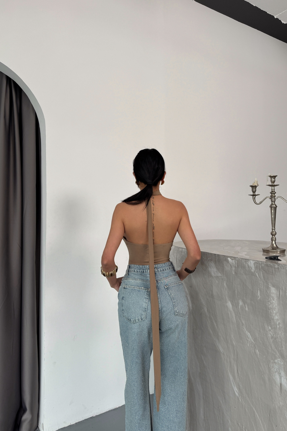 HALTER YAKA SANDY BODYSUİT - Bej