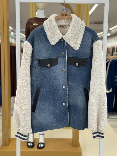 İçi Kürklü Deri Garnili Denim Görünümlü Ceket 6116