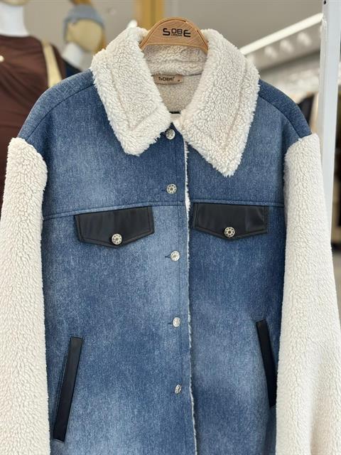 İçi Kürklü Deri Garnili Denim Görünümlü Ceket 6116