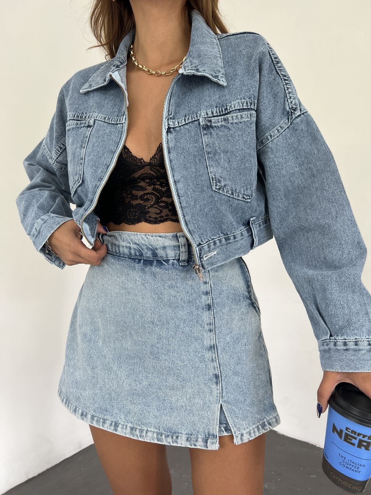 Fermuarlı Çift Cepli Denim Ceket