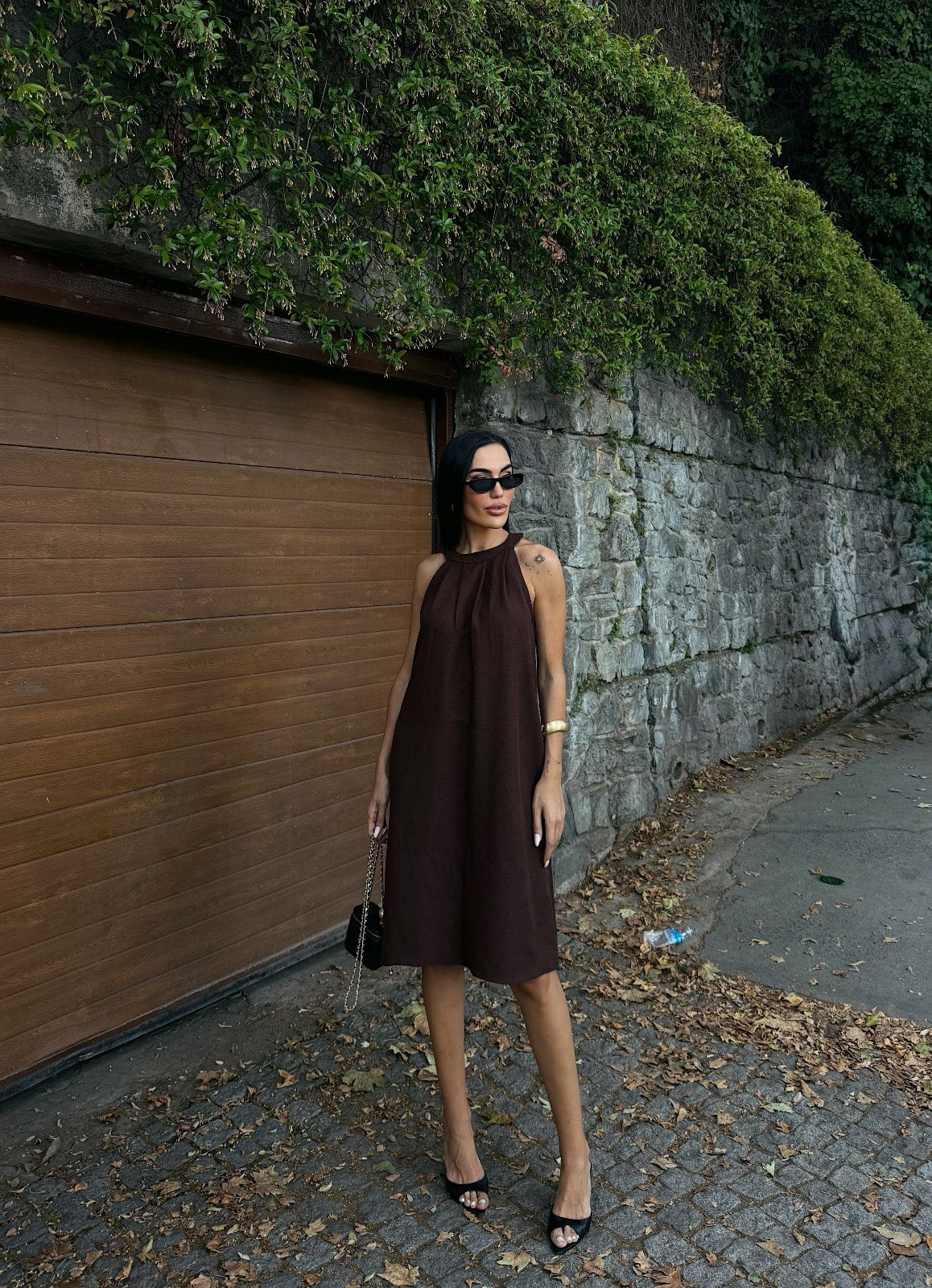 Halter Yaka Dokuma Midi Elbise