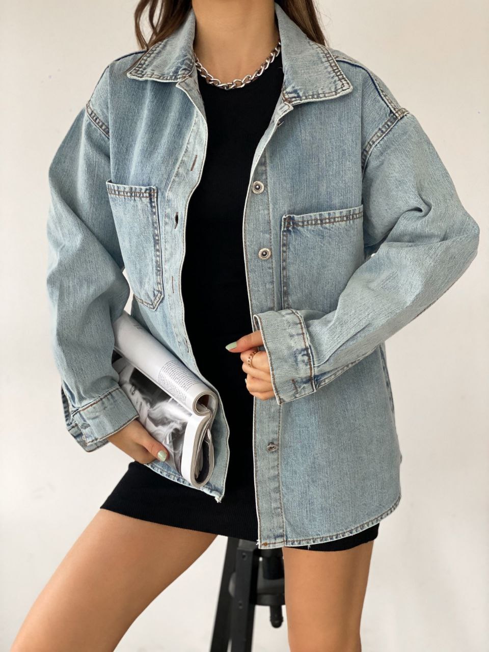 Çift Cepli Oversize Denim Gömlek Ceket