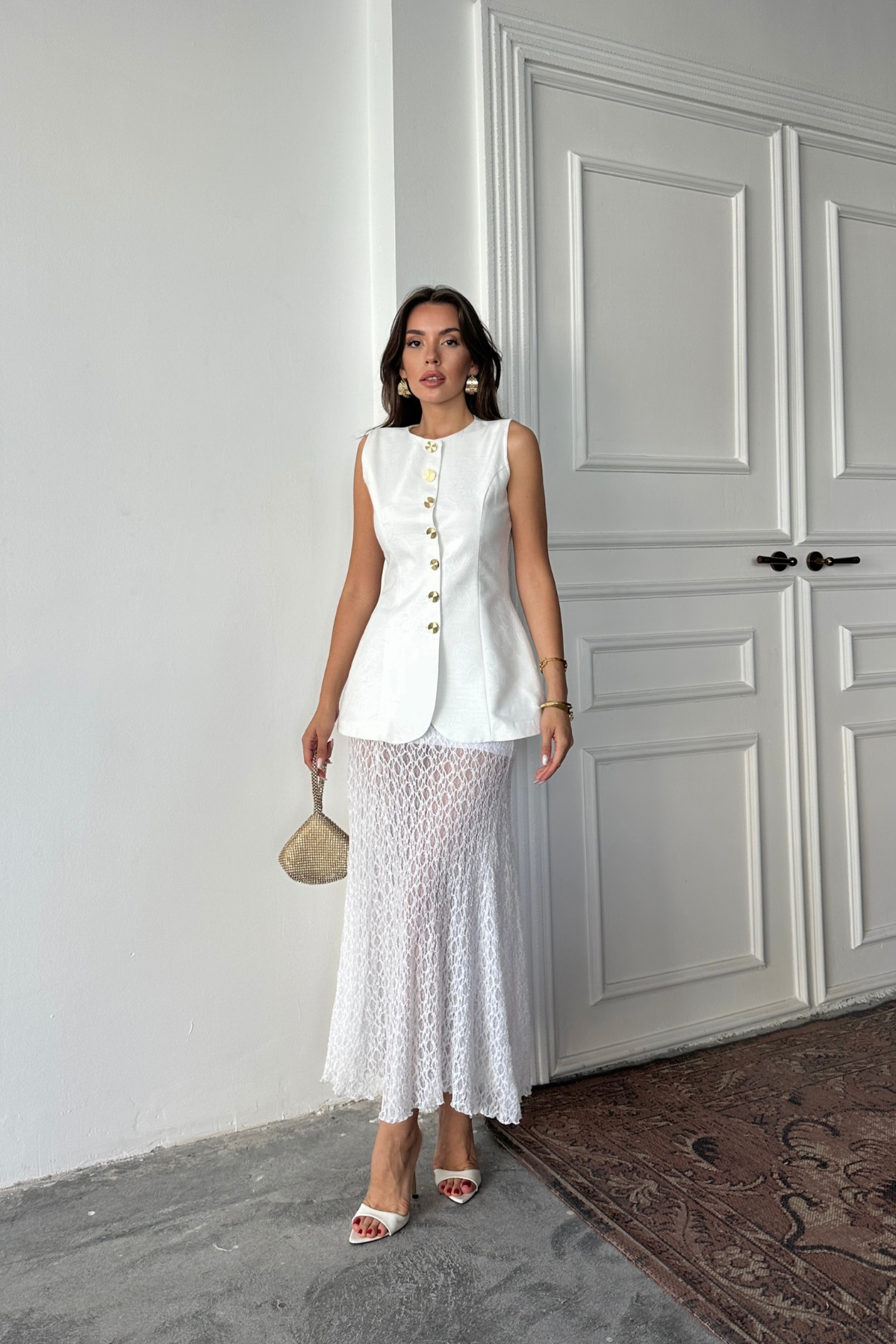 JAKAR KETEN YELEK BELDEN OTURTMALI GOLD DÜĞMELİ - Beyaz