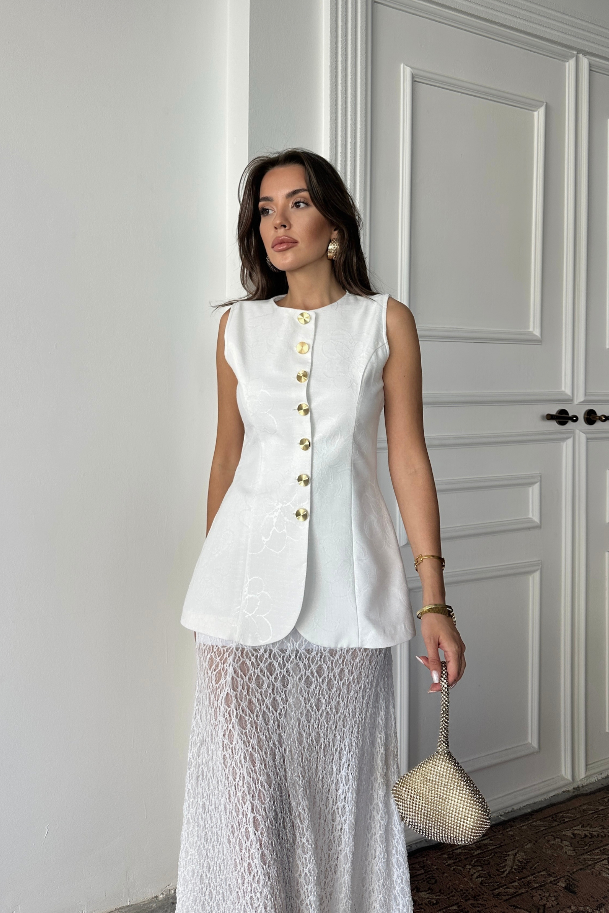 JAKAR KETEN YELEK BELDEN OTURTMALI GOLD DÜĞMELİ - Beyaz