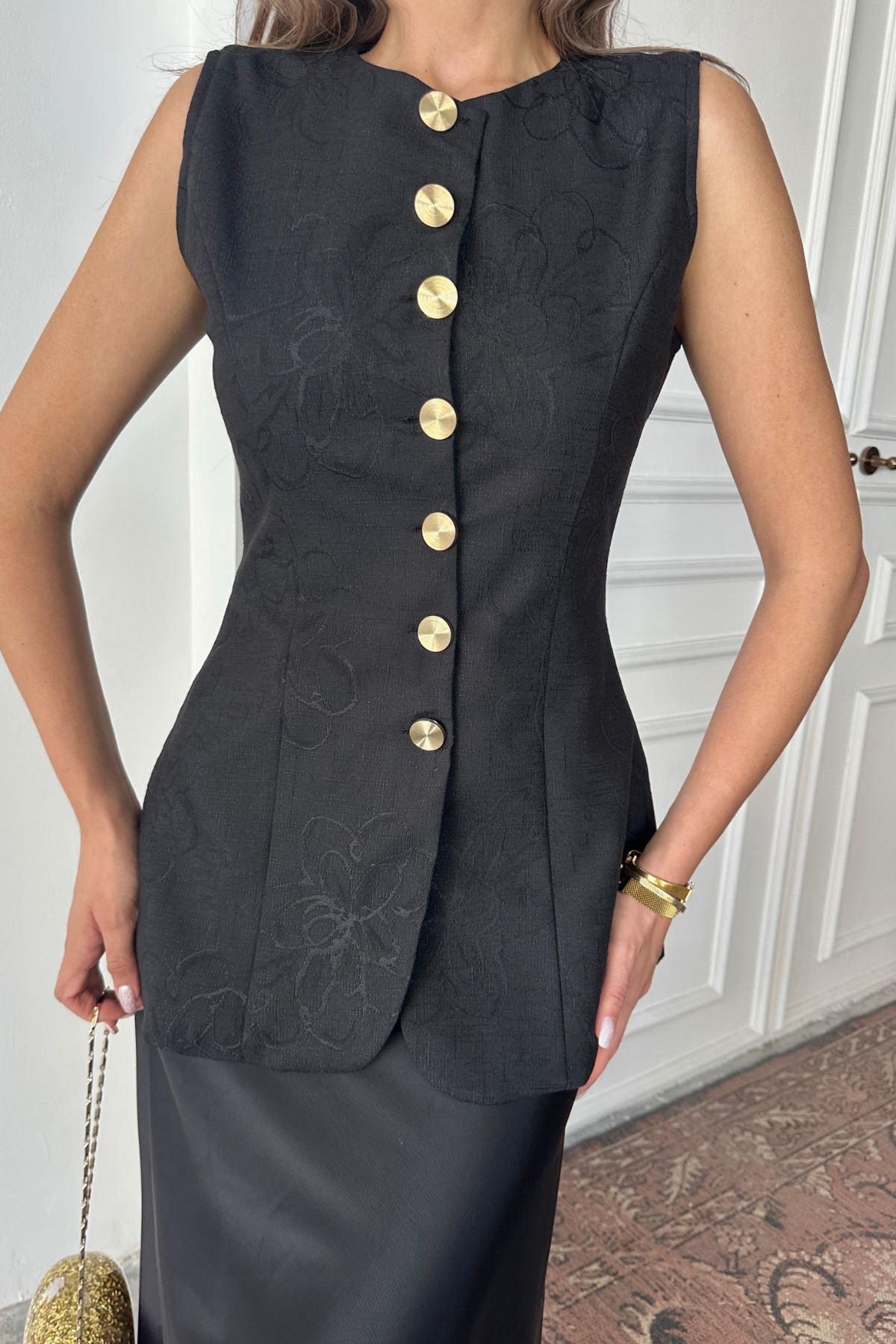 JAKAR KETEN YELEK BELDEN OTURTMALI GOLD DÜĞMELİ - Siyah