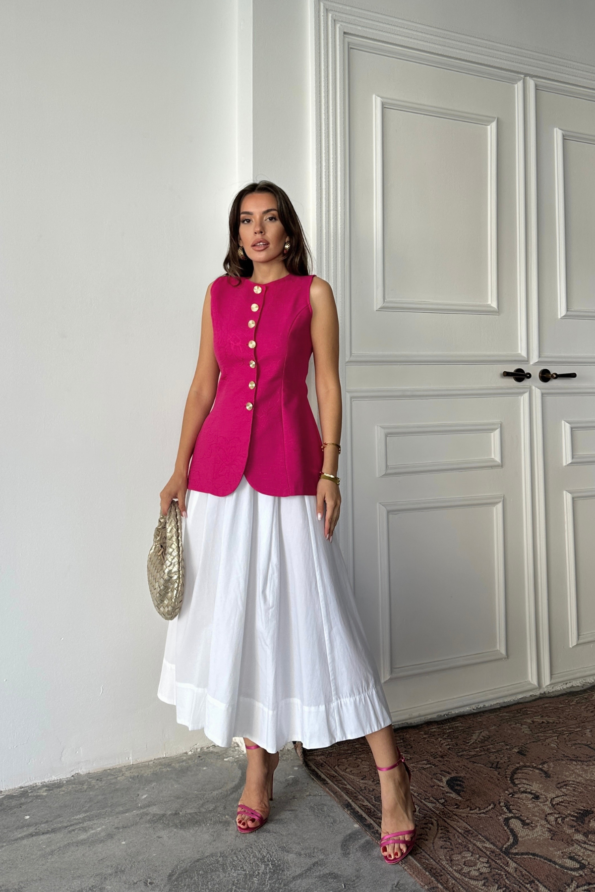 JAKAR KETEN YELEK BELDEN OTURTMALI GOLD DÜĞMELİ - Fuşya