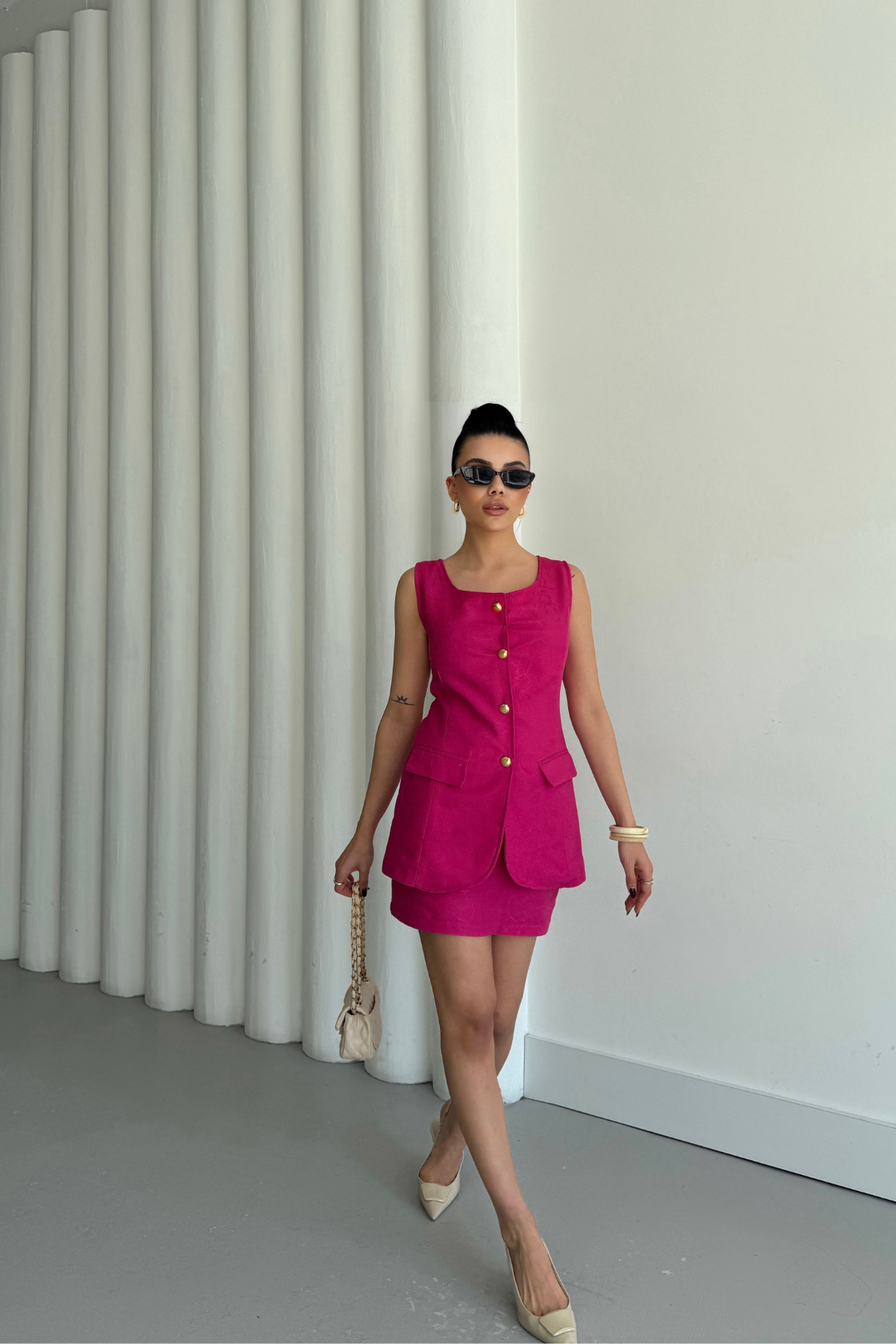 JAKAR KETEN YELEK - KISA ETEK TAKIM - Fuşya