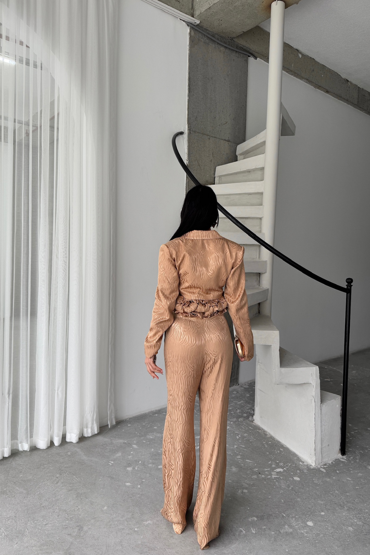 JAKARLI BLUZU TASARIM DETAYLI CEKET-PANTOLON-BLUZ 3 LÜ TAKIM - Bej