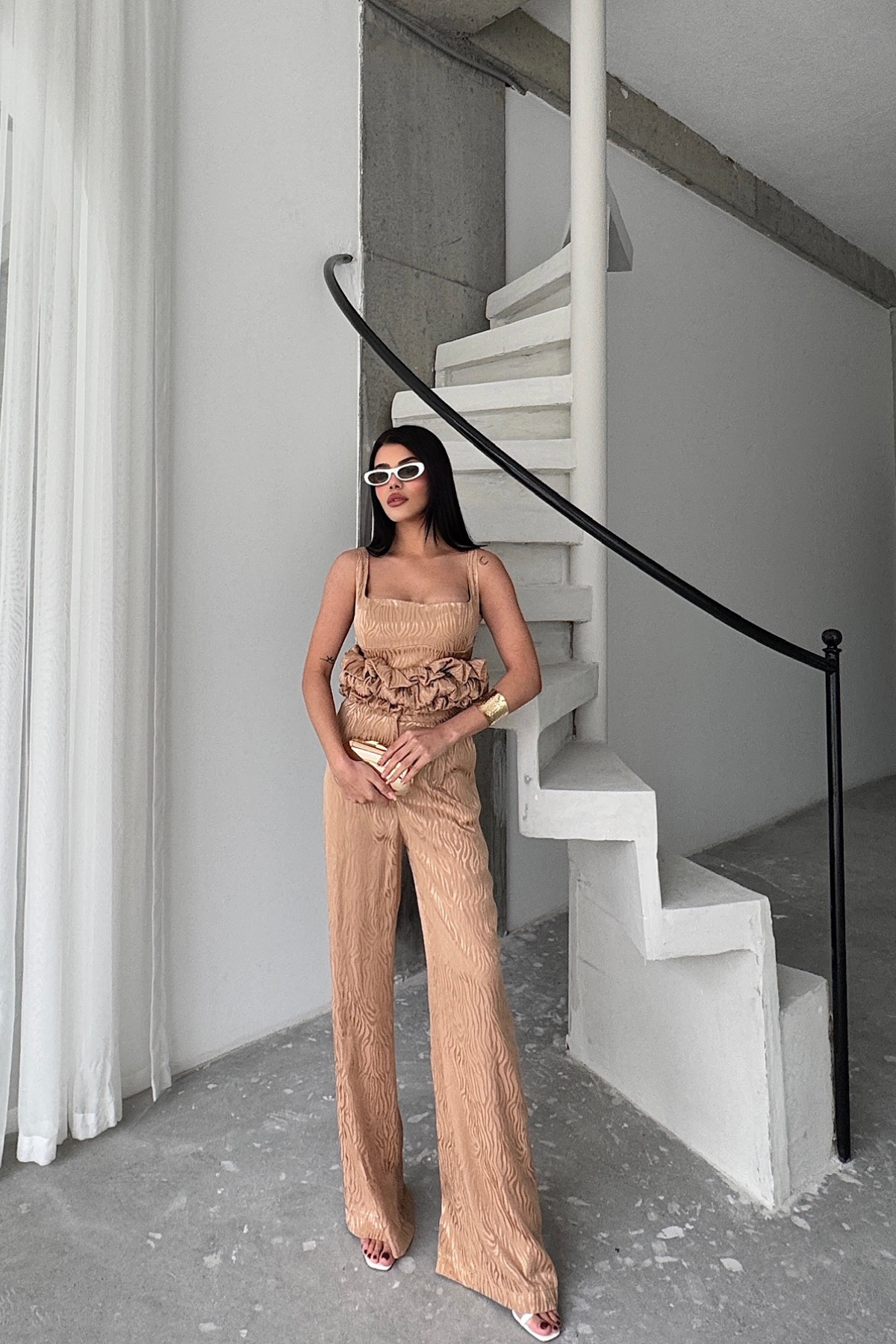 JAKARLI BLUZU TASARIM DETAYLI CEKET-PANTOLON-BLUZ 3 LÜ TAKIM - Bej