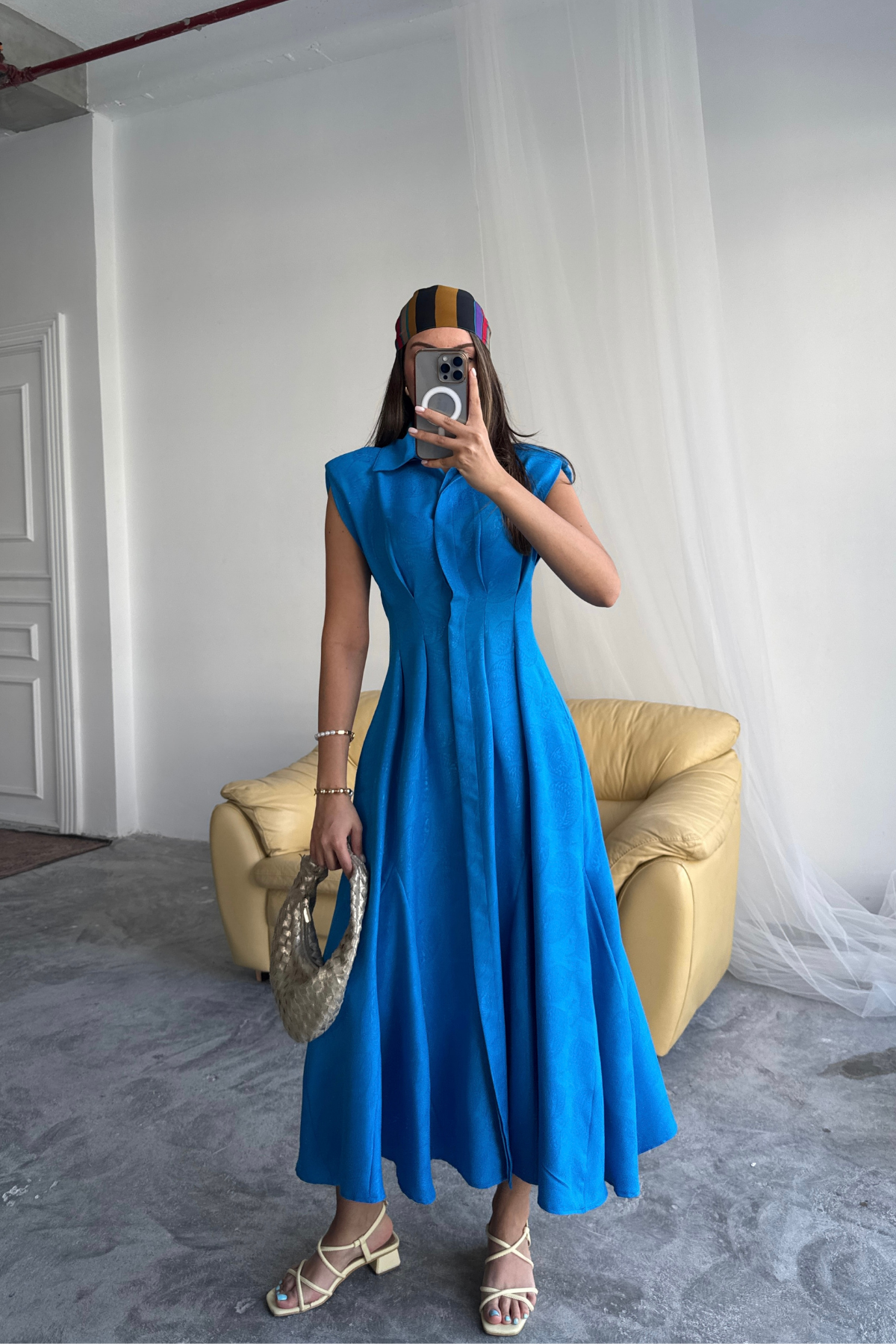 JAKARLI KETEN ELBİSE ÖNDEN YIRTMAÇLI CEPLİ - Saks