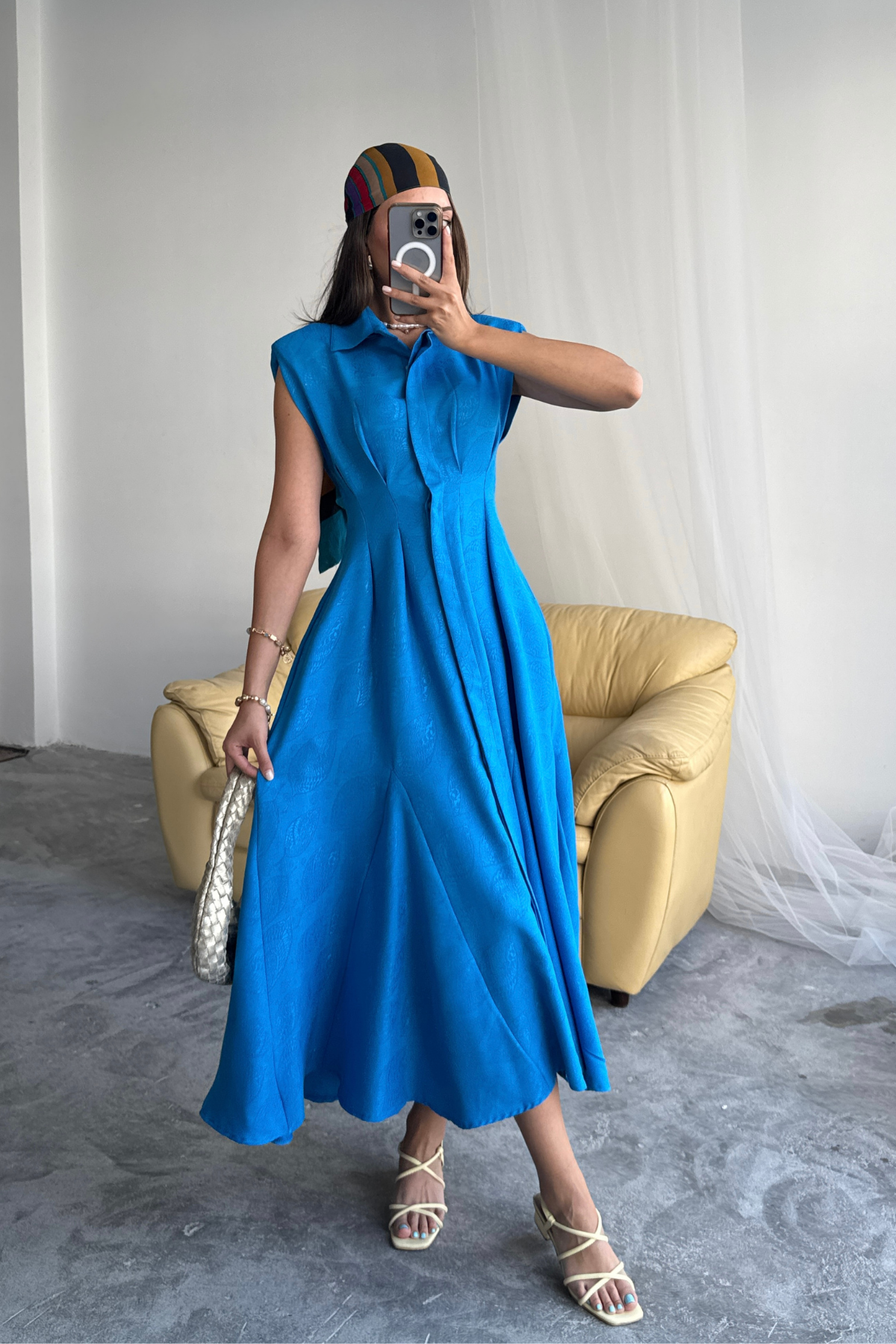 JAKARLI KETEN ELBİSE ÖNDEN YIRTMAÇLI CEPLİ - Saks