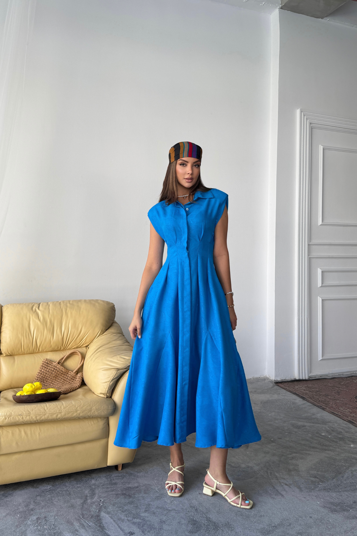 JAKARLI KETEN ELBİSE ÖNDEN YIRTMAÇLI CEPLİ - Saks