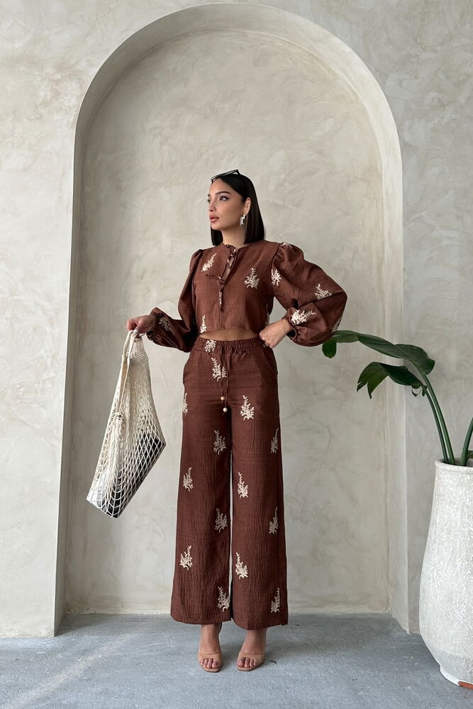 Topshow Nakış Detaylı Toptan Keten Pantolon