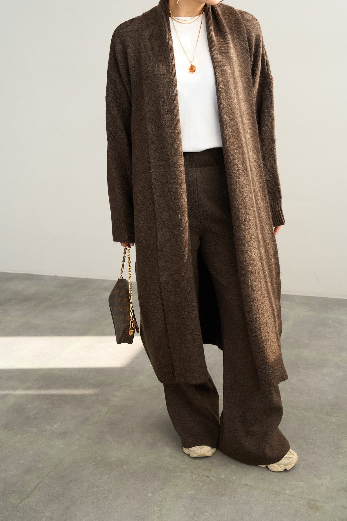 Coffee Melange Open Shawl Collar Cardigan