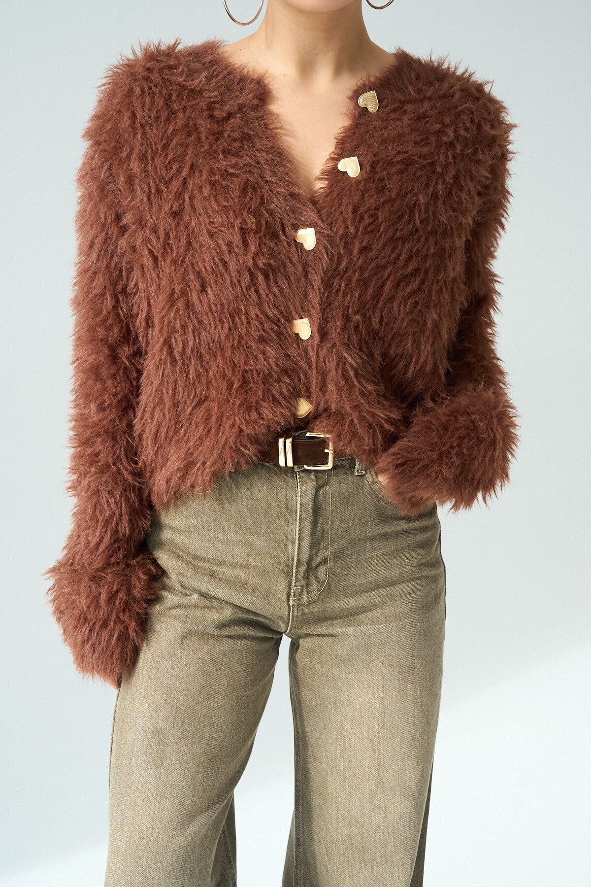 COFFEE Heart Button Fluffy Cardigan