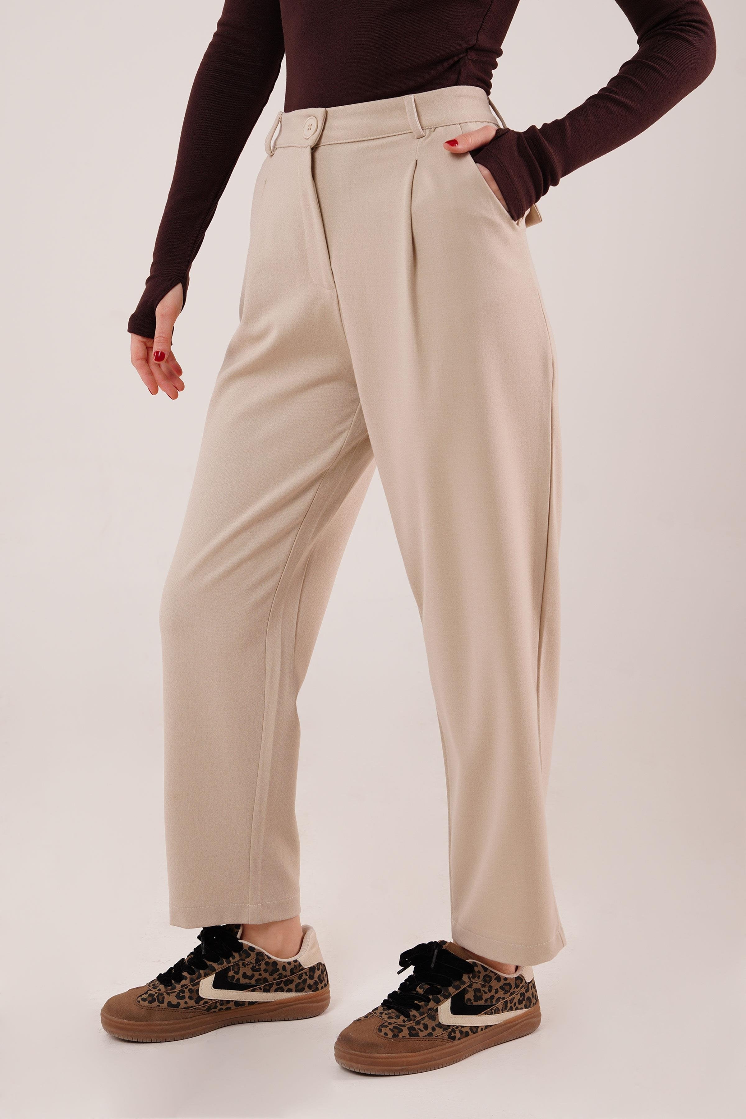 Kapama Cep Detaylı Toptan Krem Pantolon