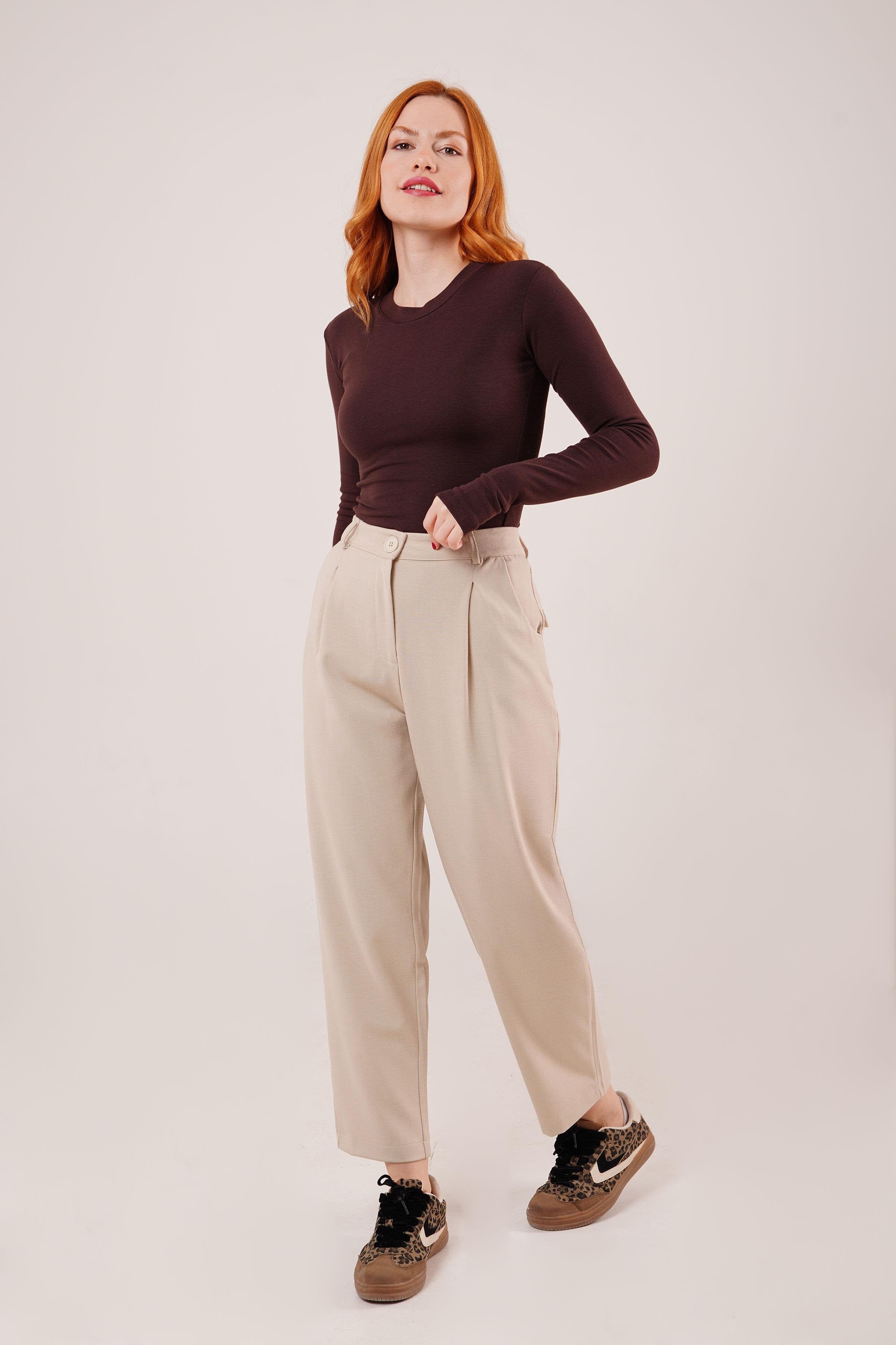 Kapama Cep Detaylı Toptan Krem Pantolon Krem S