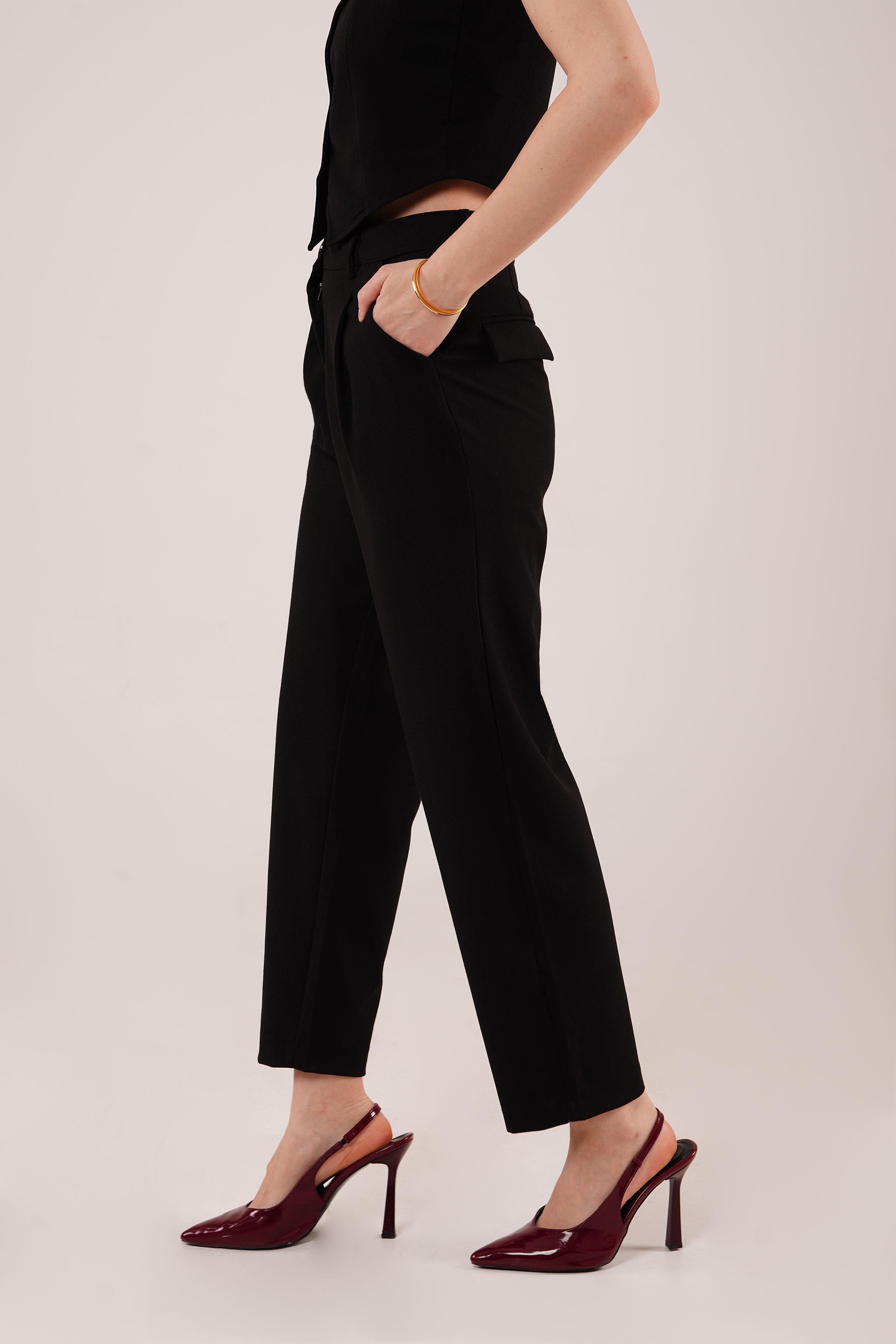 Kapama Cep Detaylı Toptan Siyah Pantolon