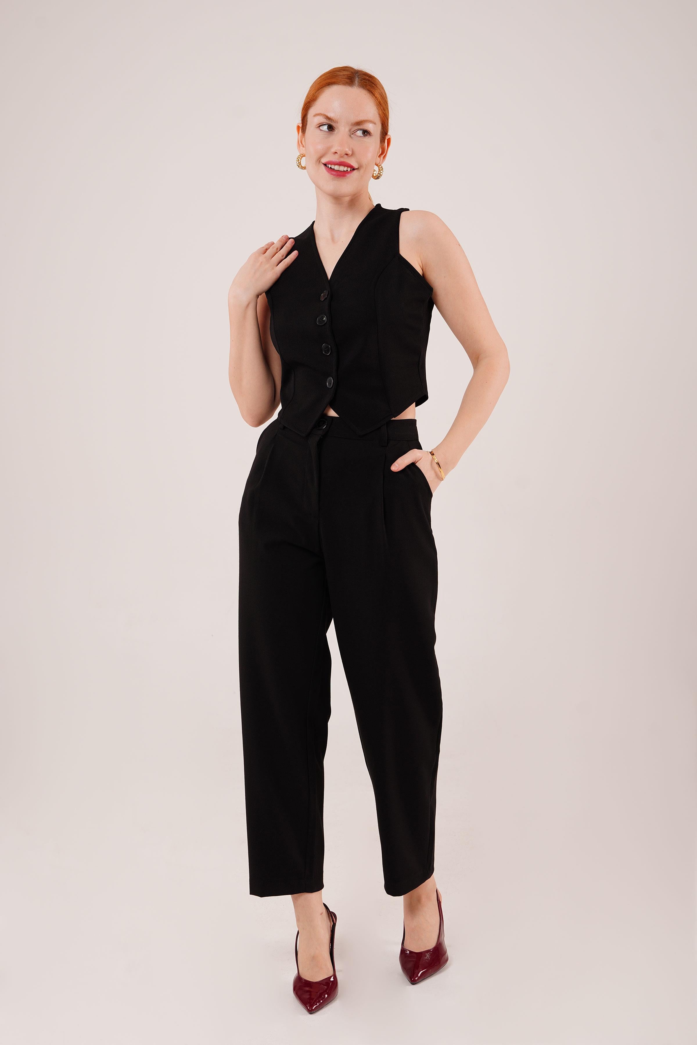 Kapama Cep Detaylı Toptan Siyah Pantolon