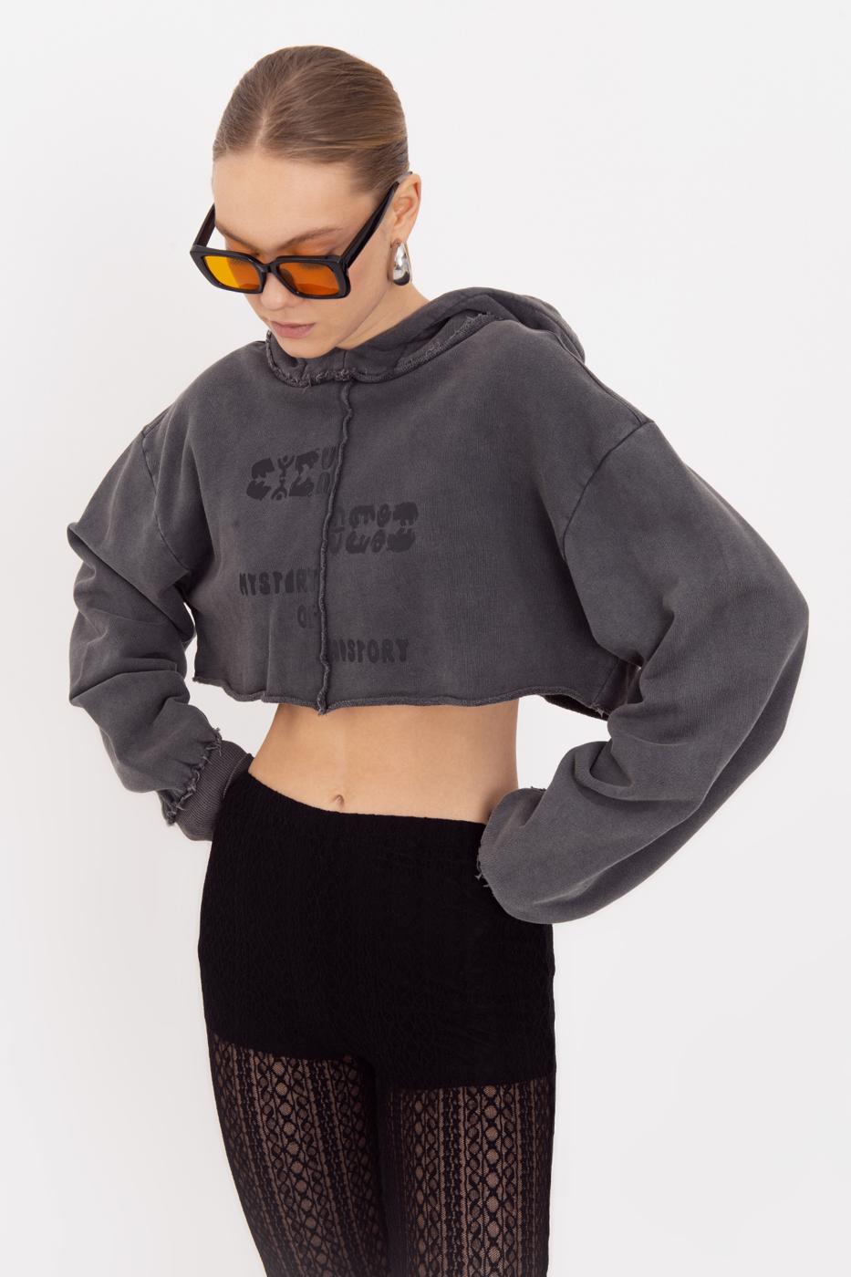 Hooded Printed Crop Sweatshirt
