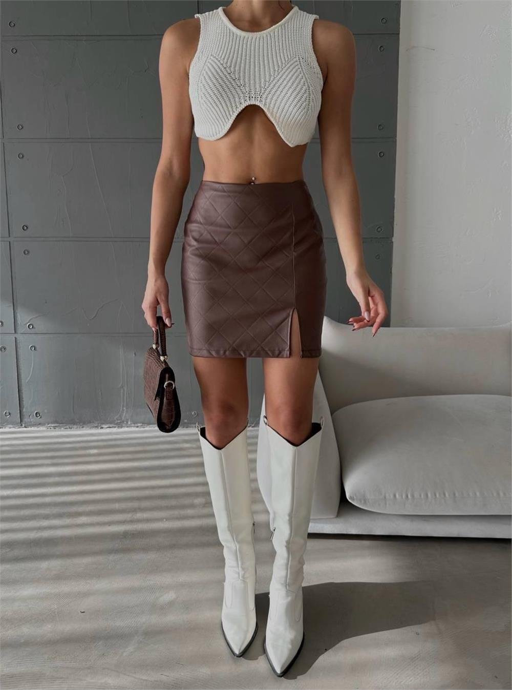 KAPİTONE DERİ ETEK YIRTMAÇLI - Kahverengi