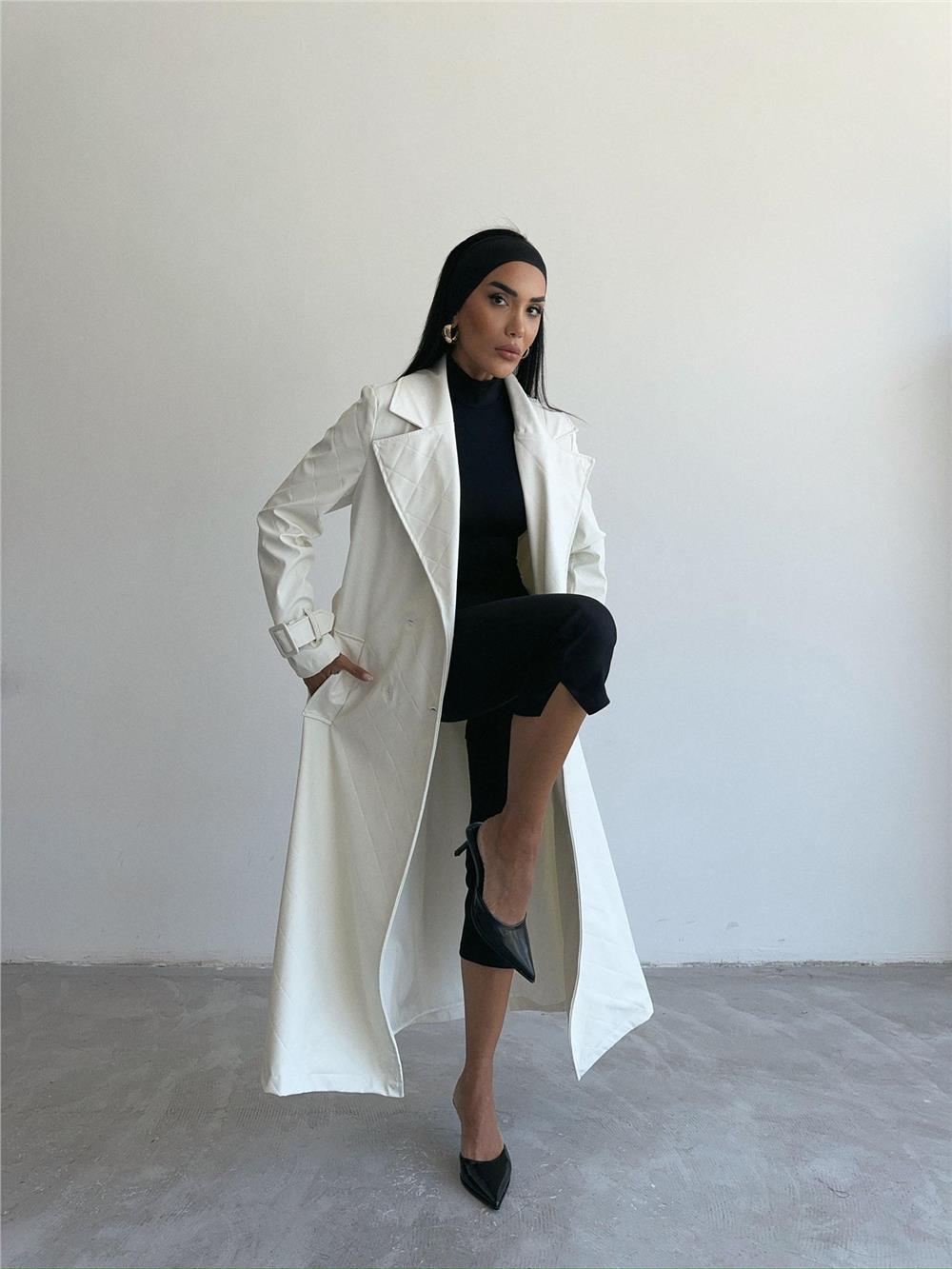 KAPİTONE DERİ TRENCH - Beyaz