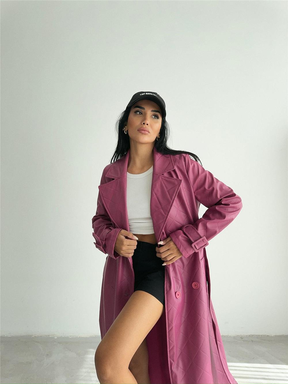 KAPİTONE DERİ TRENCH - Fuşya