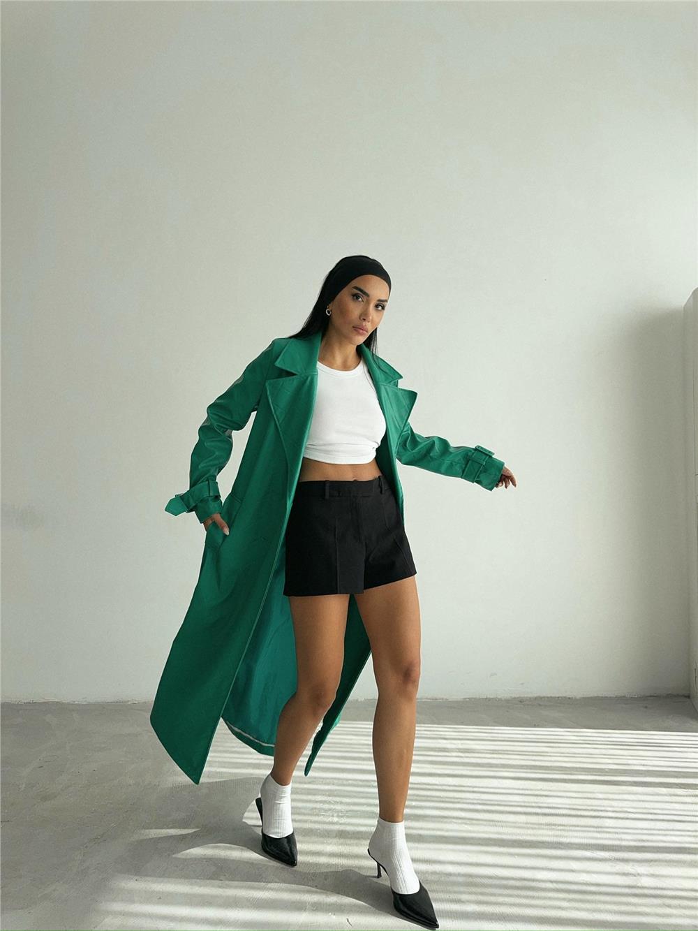 KAPİTONE DERİ TRENCH - Yeşil