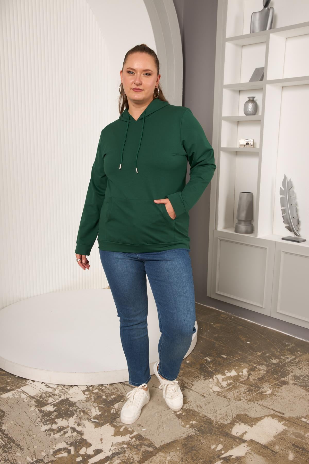 Kapşonlu Büyük Beden Sweatshirt Zümrüt