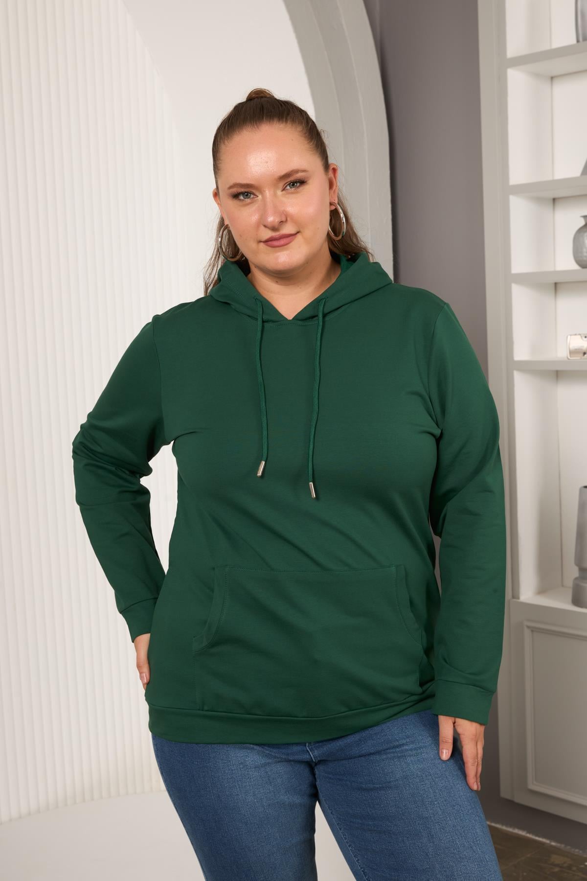 Kapşonlu Büyük Beden Sweatshirt Zümrüt
