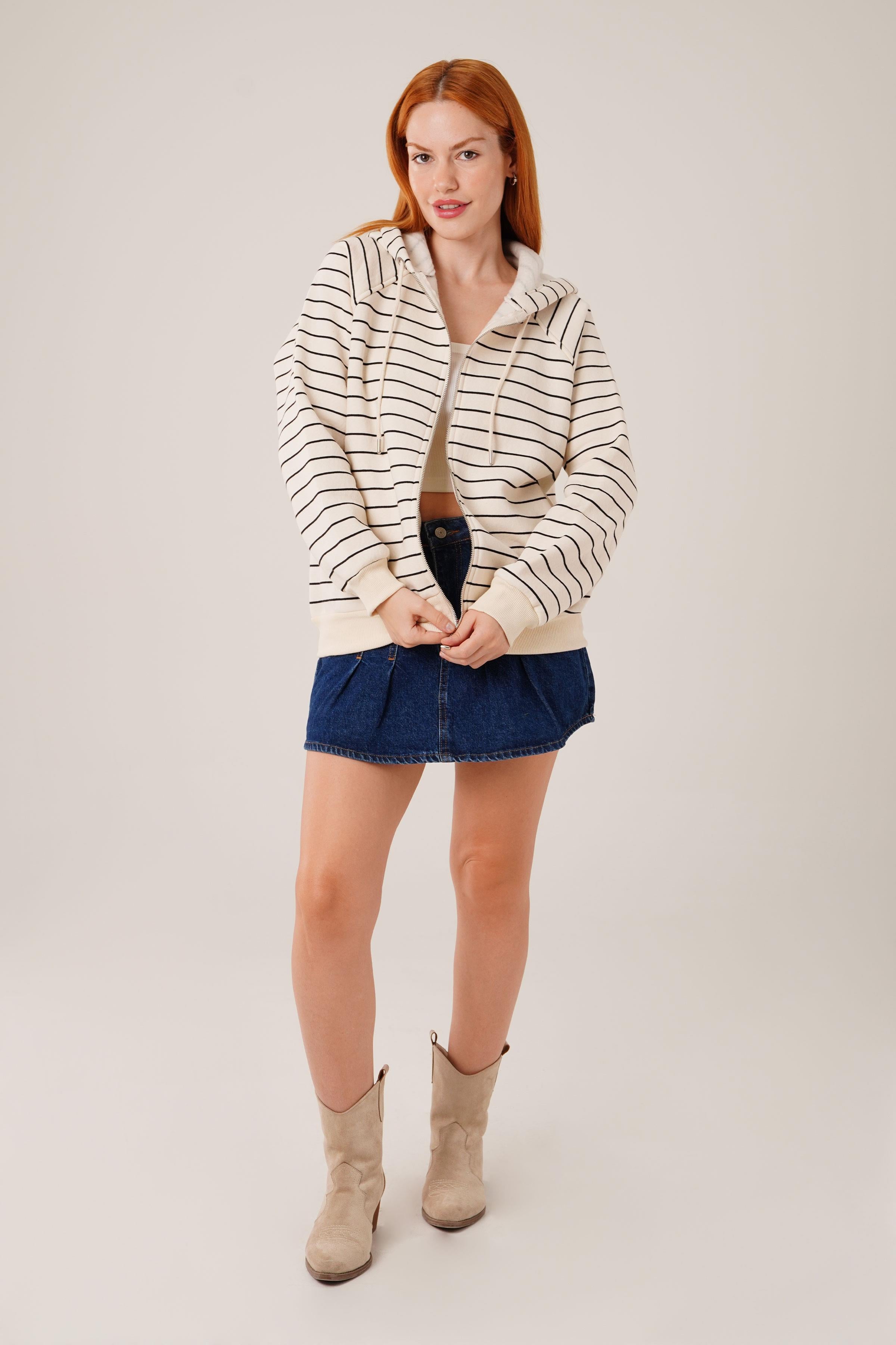 Kapüşonlu Fermuarlı Çizgili Toptan Taş Hırka