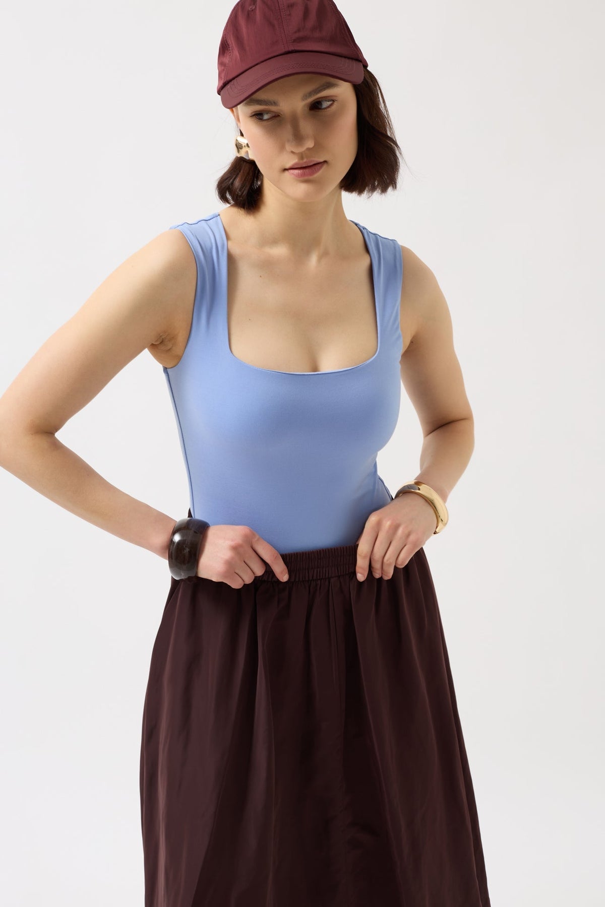 Kare Yaka Kalın Askılı Bodysuit - Kırmızı