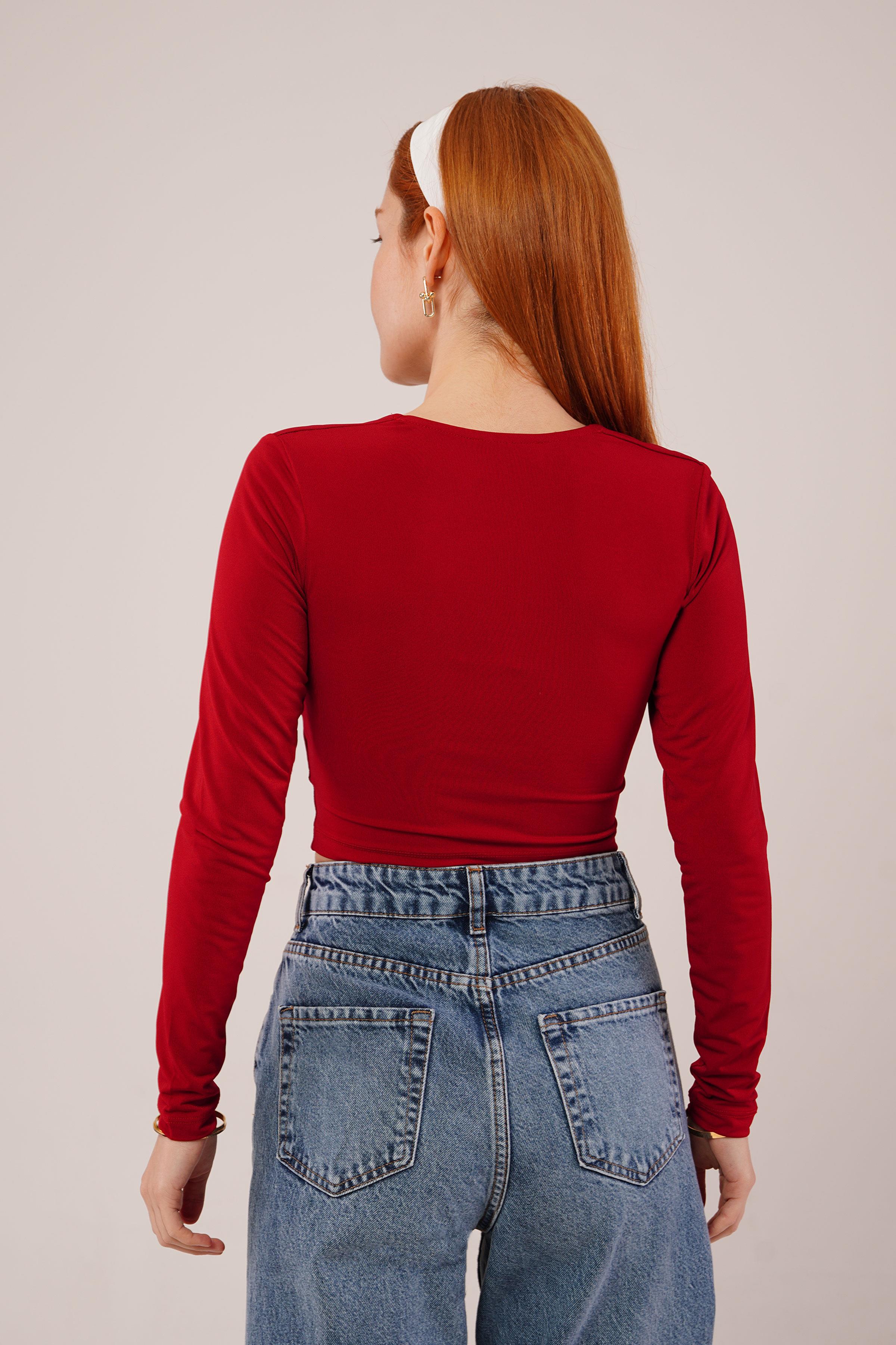 Kare Yaka Toptan Basic Bordo Bluz
