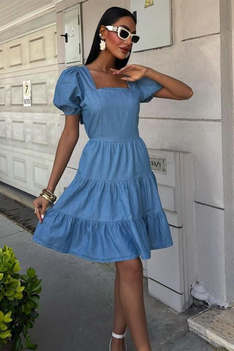Kare Yakalı ve Gipe Detaylı Tensel Elbise 2883