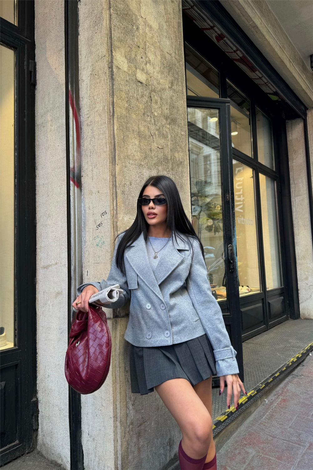 KAŞE CROP CEKET 4 DÜĞME - Gri