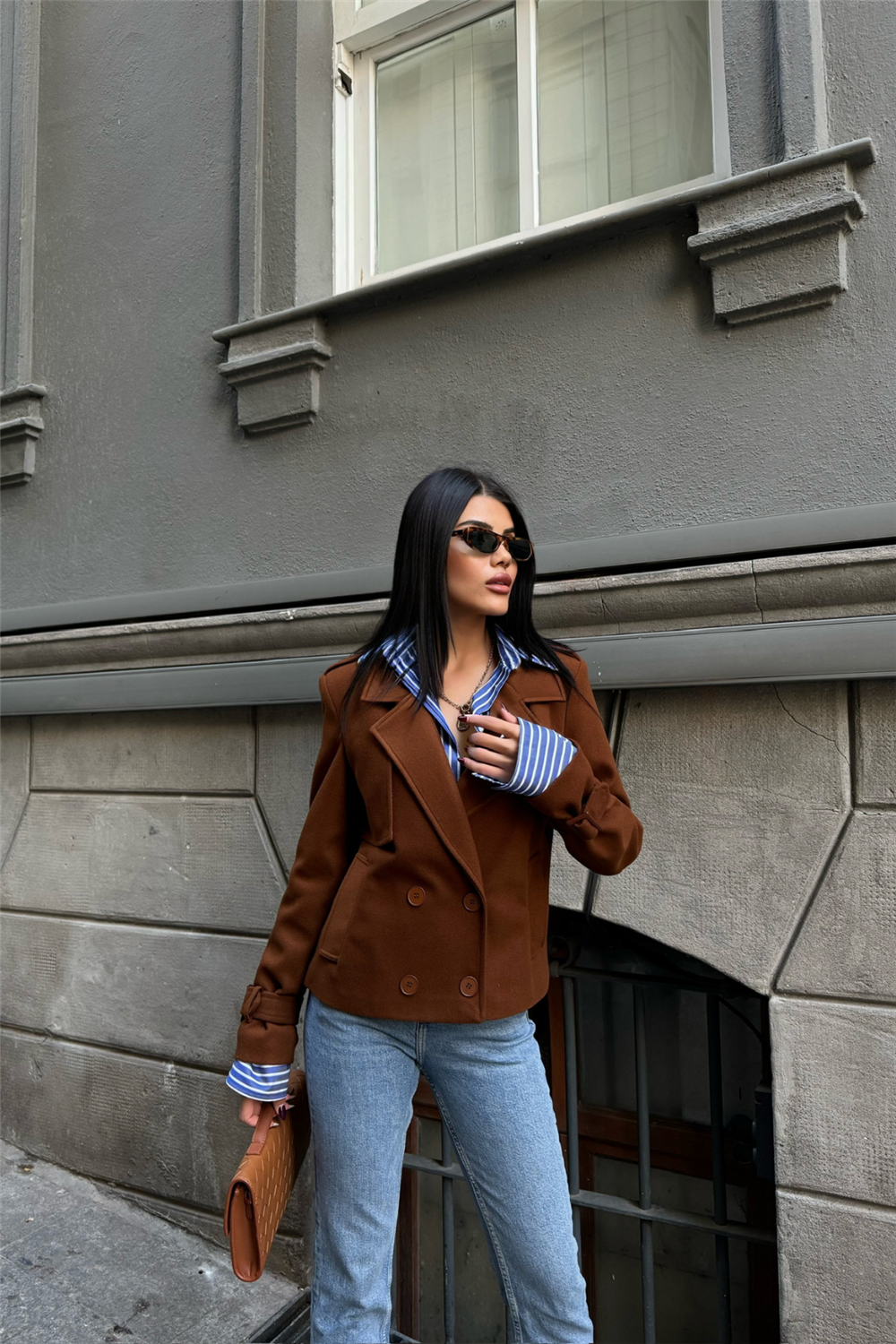 KAŞE CROP CEKET 4 DÜĞME - Kahverengi
