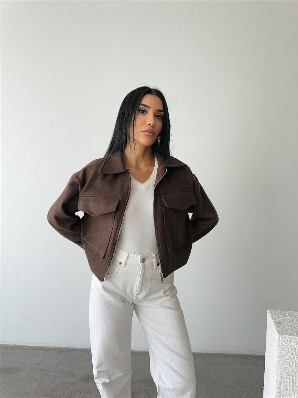 KAŞE CROP CEKET ÖNDEN FERMUARLI - Kahverengi