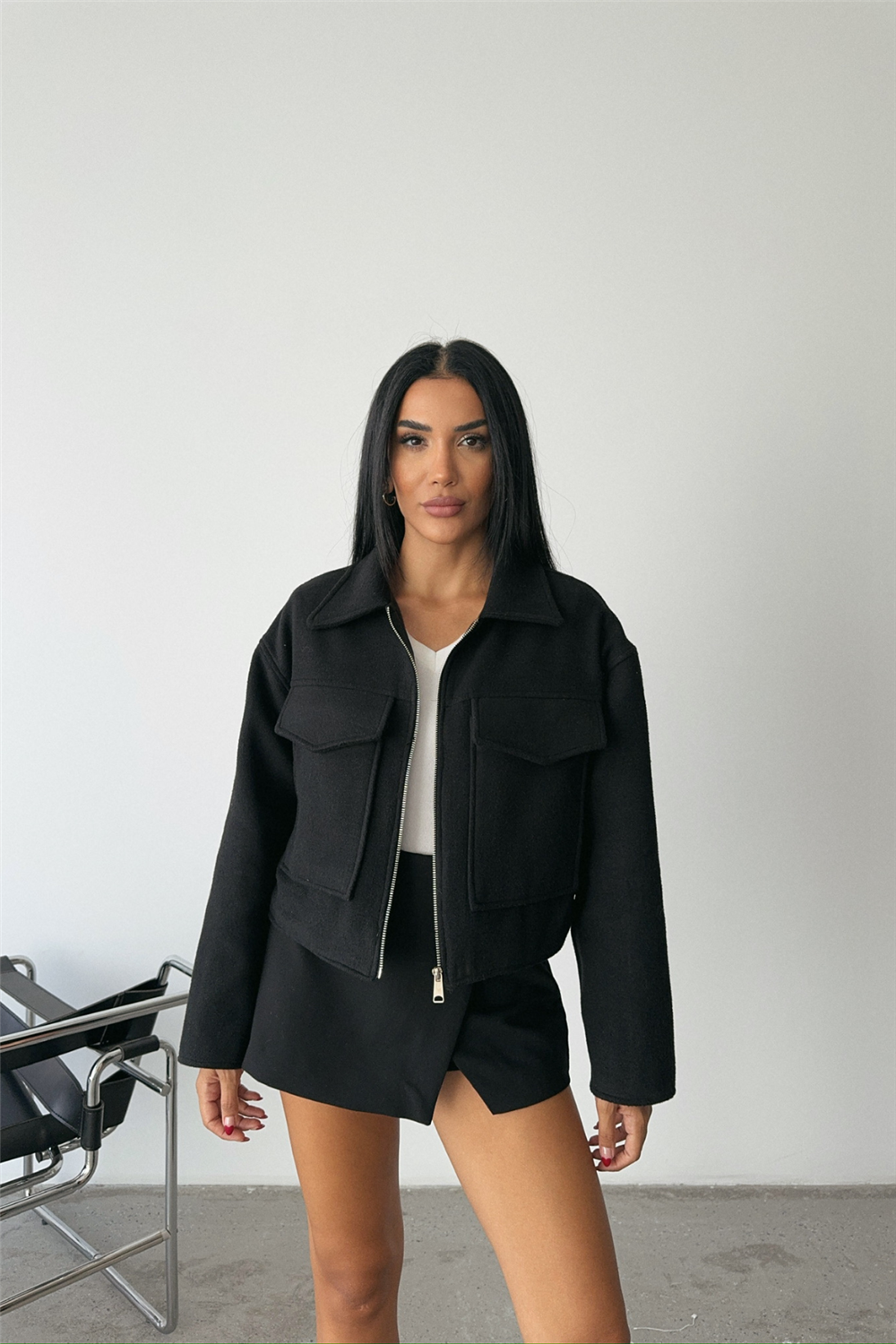 KAŞE CROP CEKET ÖNDEN FERMUARLI - Siyah