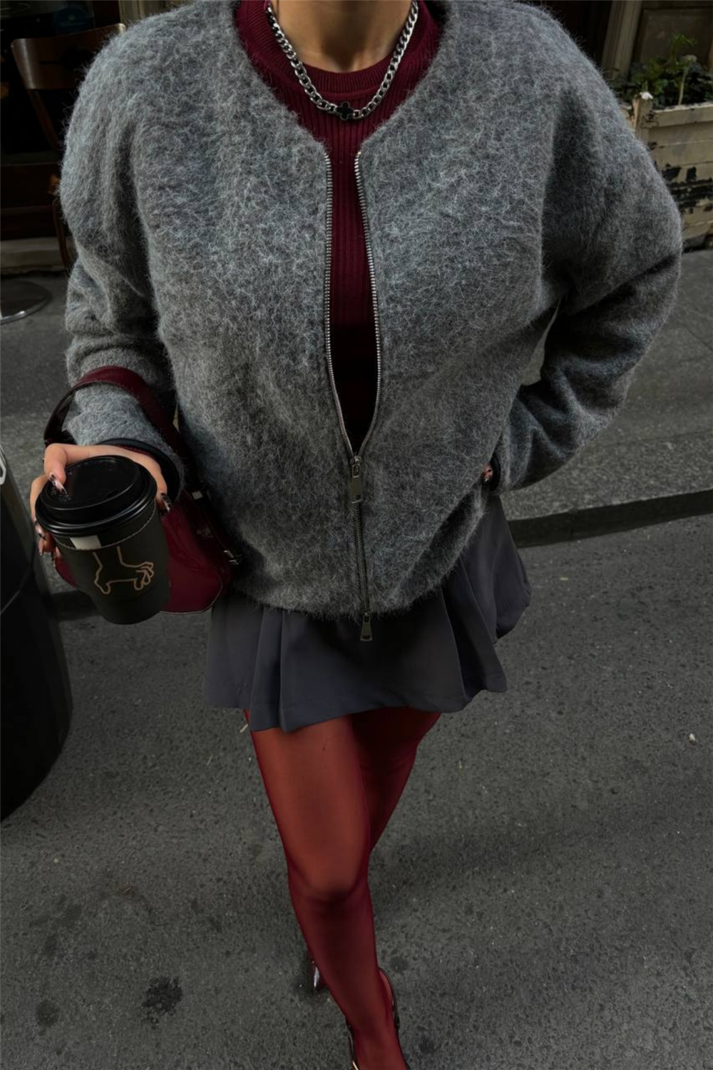 KAŞE FERMUARLI BLUZ - Gri